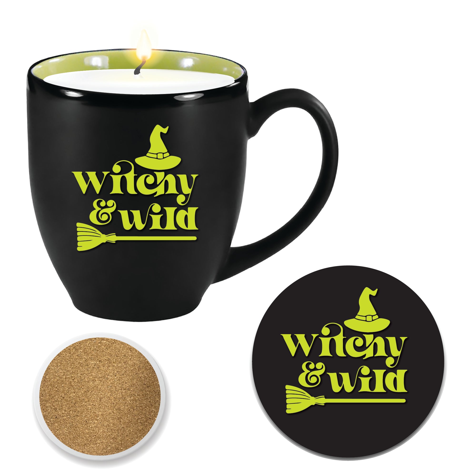 Ceramic Mug Candle - Ghoulish Green Apple Scented 13 oz Soy Wax Candle & Coaster Set