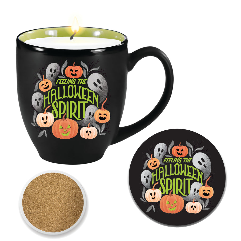 Halloween Ceramic Mug with 13 oz Pumpkin Smash Scented Soy Wax Candle & Coaster Set