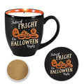 Fright Ceramic Mug with 13 oz Pumpkin Smash Scented Soy Wax Candle & Coaster Set