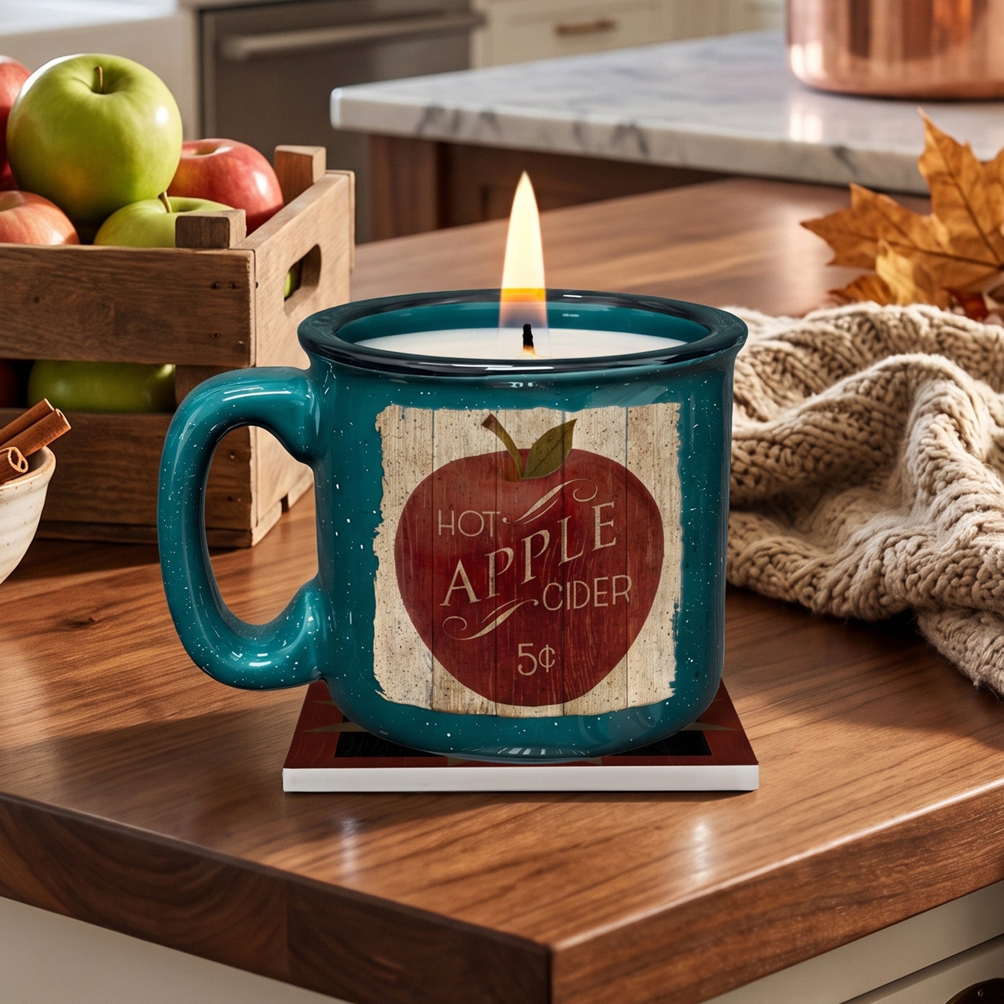 Hot Apple Cider - Spiced Apple Cider | 15oz Mug, 13oz Soy Candle & Coaster Set