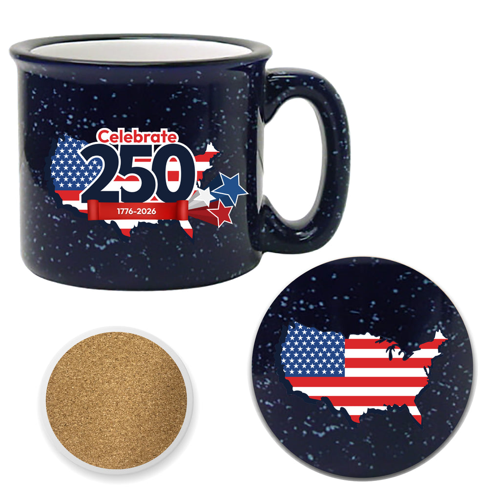 Celebrate 250 USA 19 oz Artisan Ceramic Mug & Coaster Set with Wounded Warrior Project