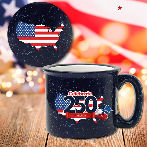 Celebrate 250 USA 19 oz Artisan Ceramic Mug & Coaster Set with Wounded Warrior Project