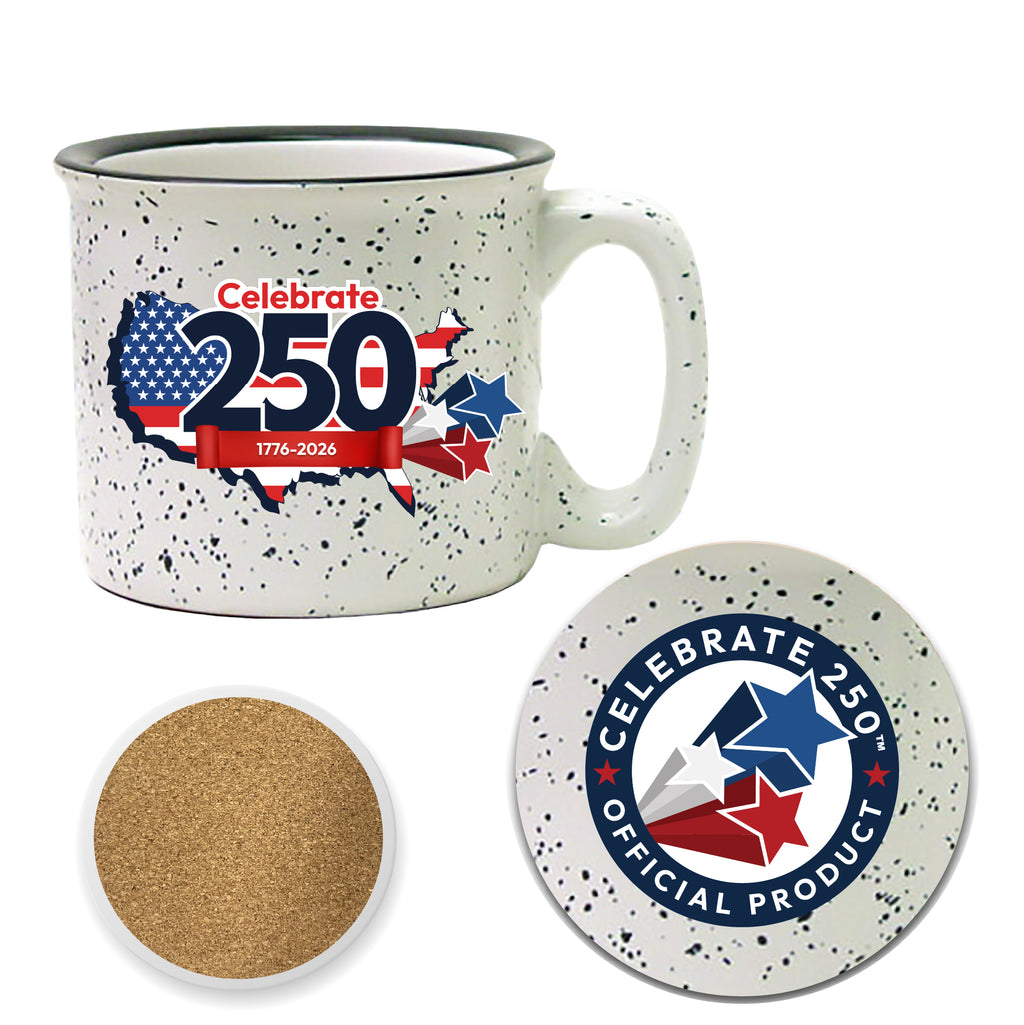 Celebrate 250 USA 19 oz Artisan Ceramic Mug & Coaster Set with Wounded Warrior Project