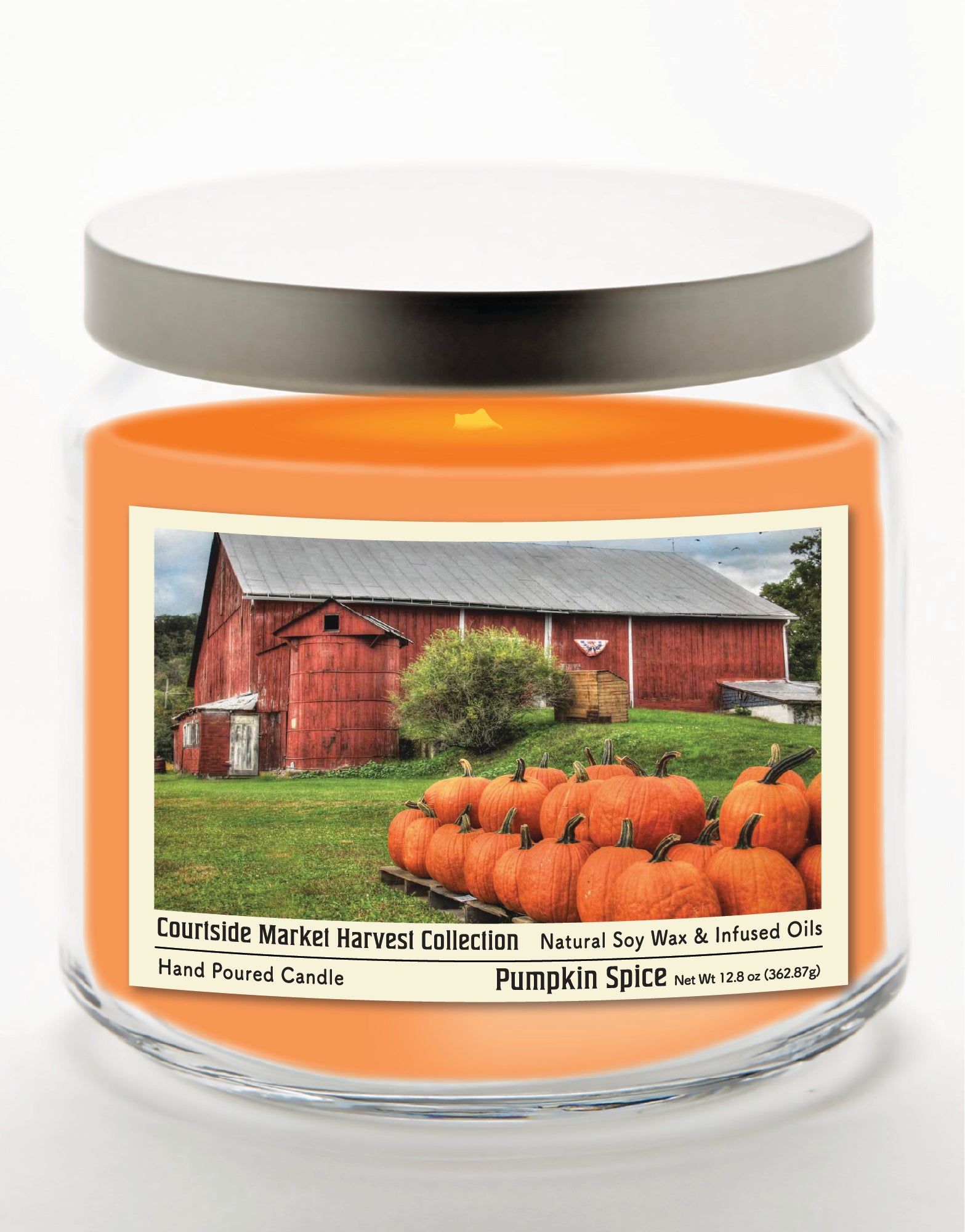 Pumpkin Barn - Pumpkin Spice 14 oz Candle Glass Jar with Brushed Silver Metal Lid
