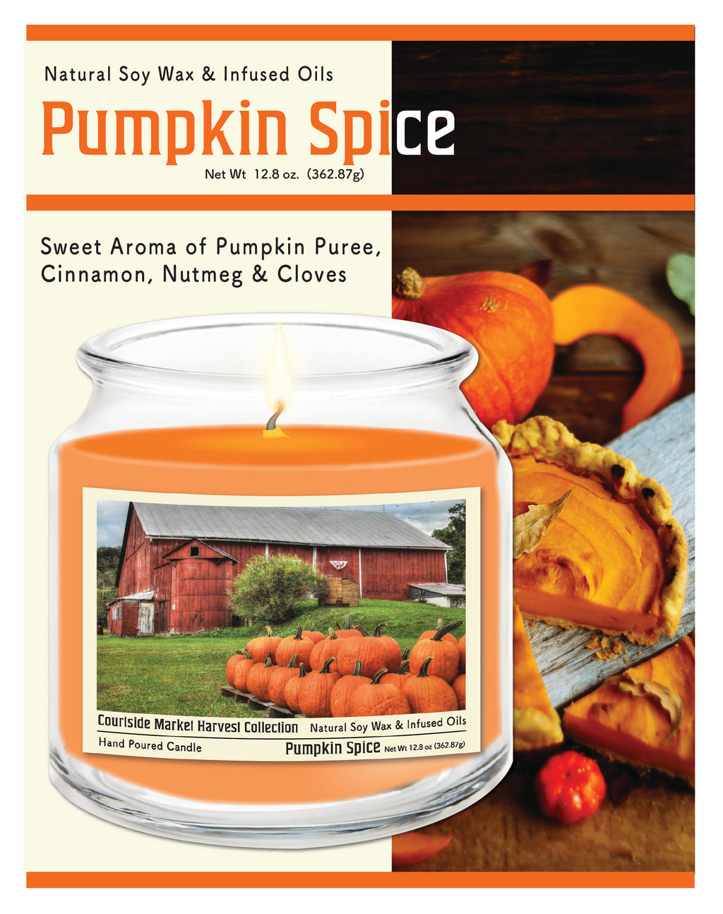 Pumpkin Barn - Pumpkin Spice 12.8oz Candle Glass Jar with Brushed Silver Metal Lid