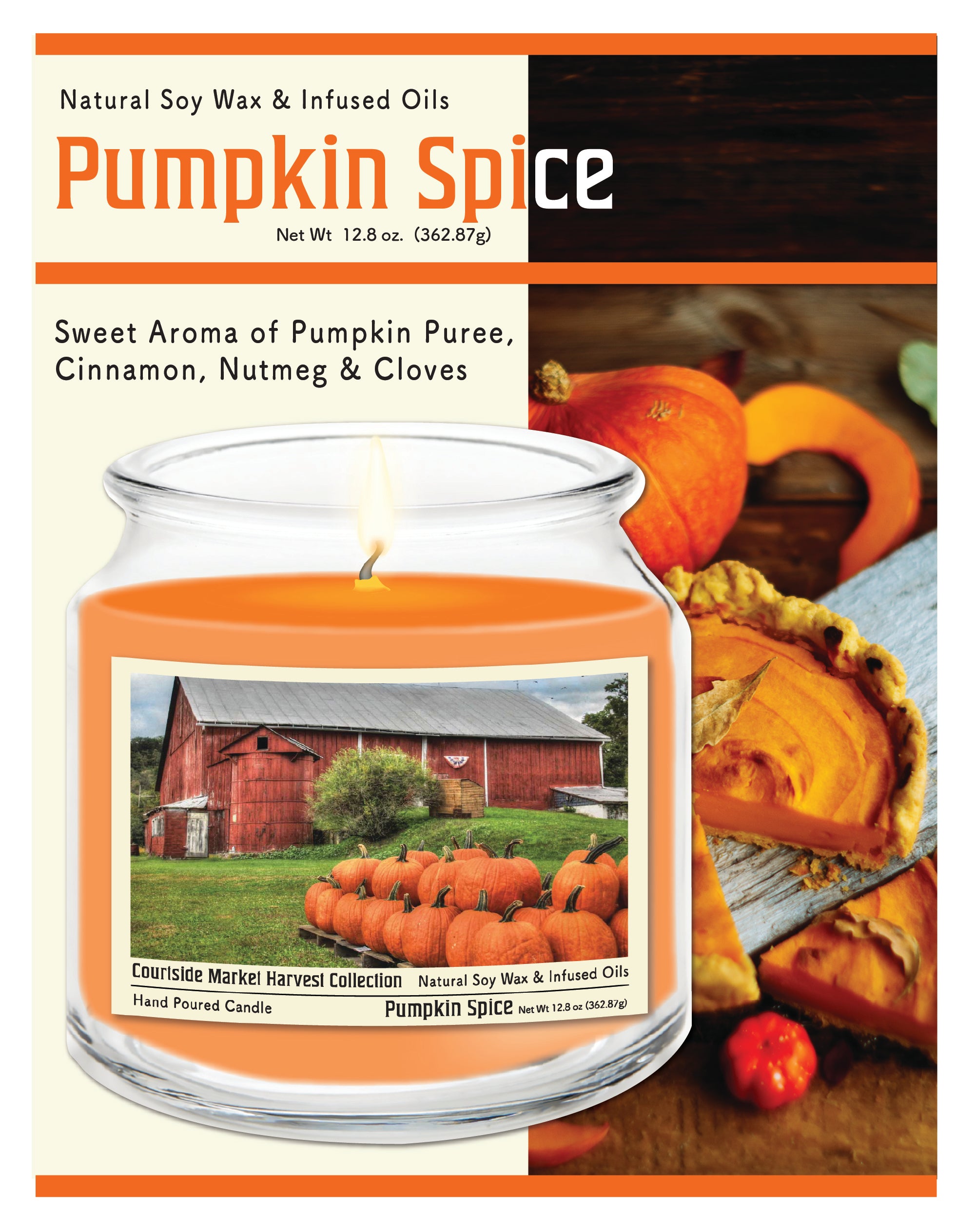 Pumpkin Barn - Pumpkin Spice 14 oz Candle Glass Jar with Brushed Silver Metal Lid