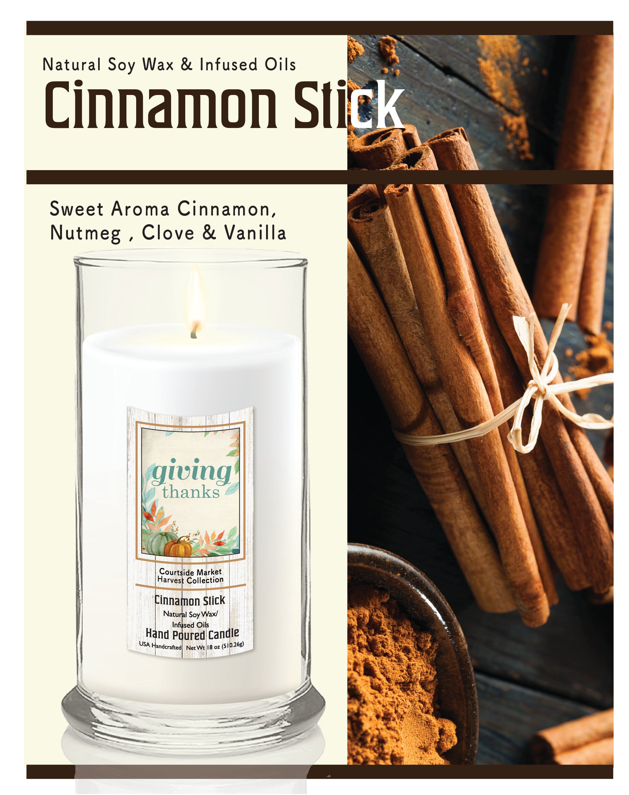 Giving Thanks - Cinnamon Stick 18 oz Status Candle Glass