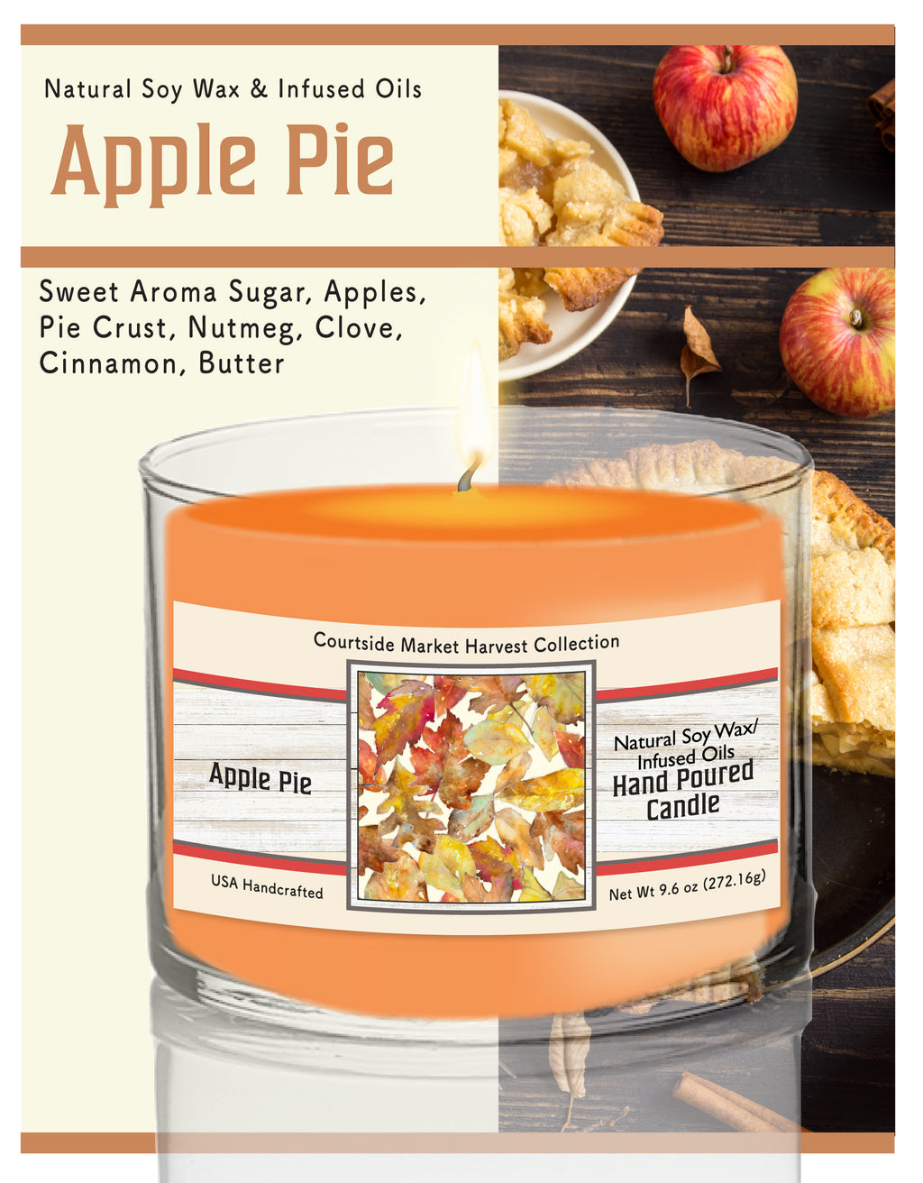 Scattered Autumn Leaves - Apple Pie 9.6 oz Soy Wax Candle in Glass Jar