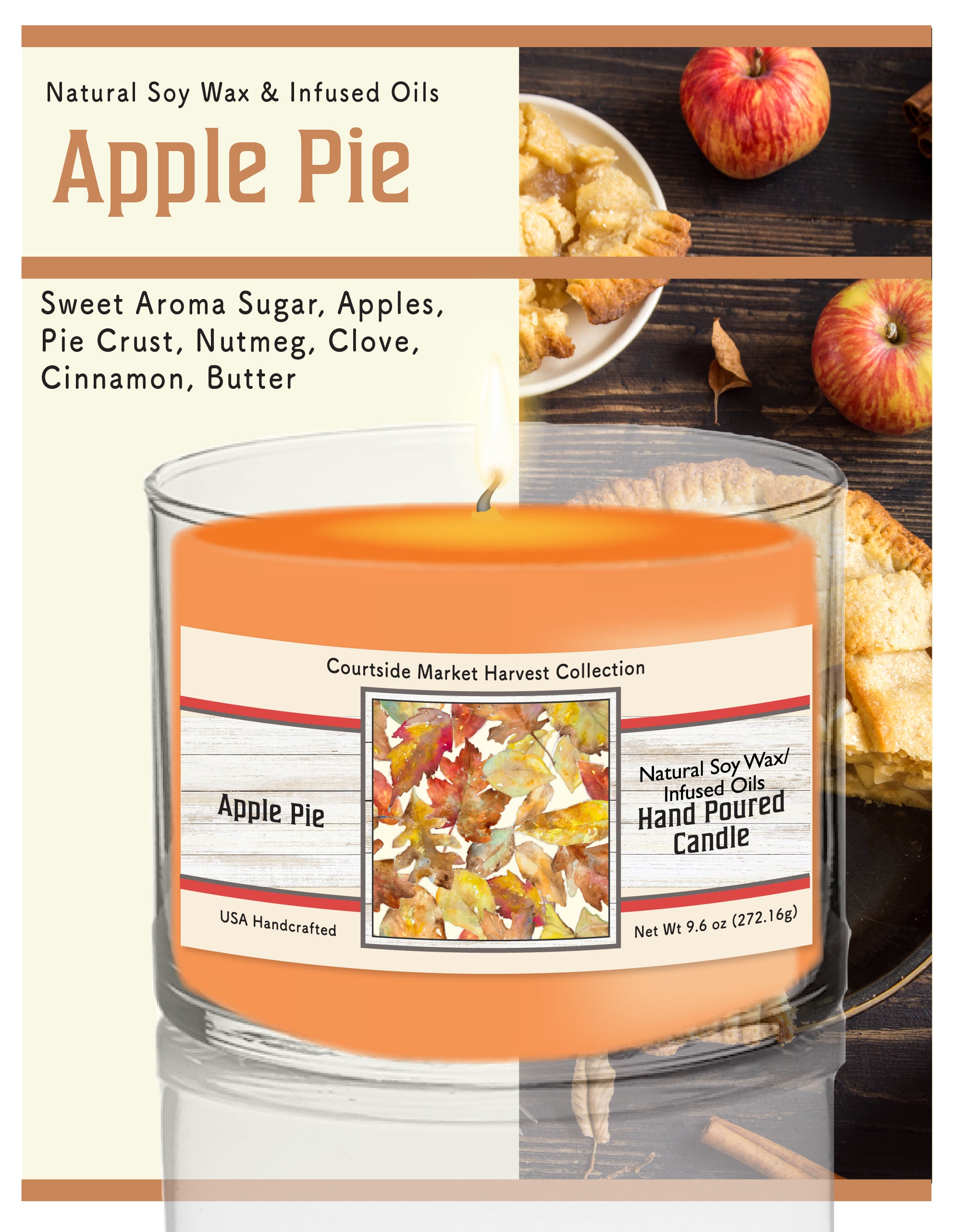 Scattered Autumn Leaves - Apple Pie 9.6 oz Soy Wax Candle in Glass Jar