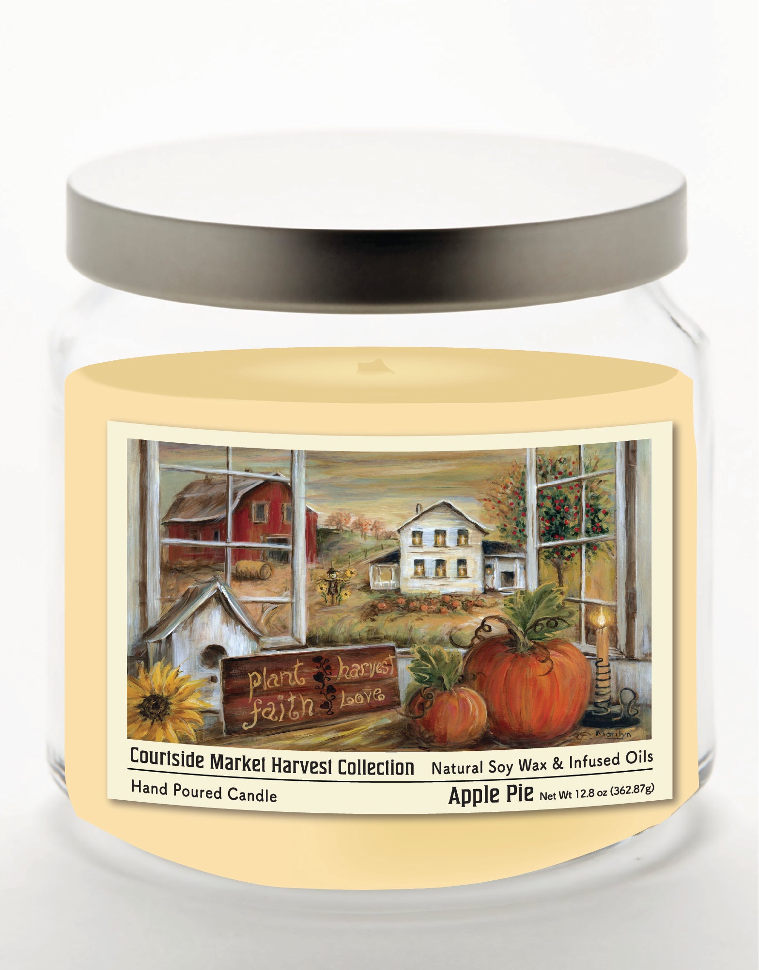 Plant Faith, Harvest Love 14 oz Candle Glass Jar with Brushed Silver Metal Lid