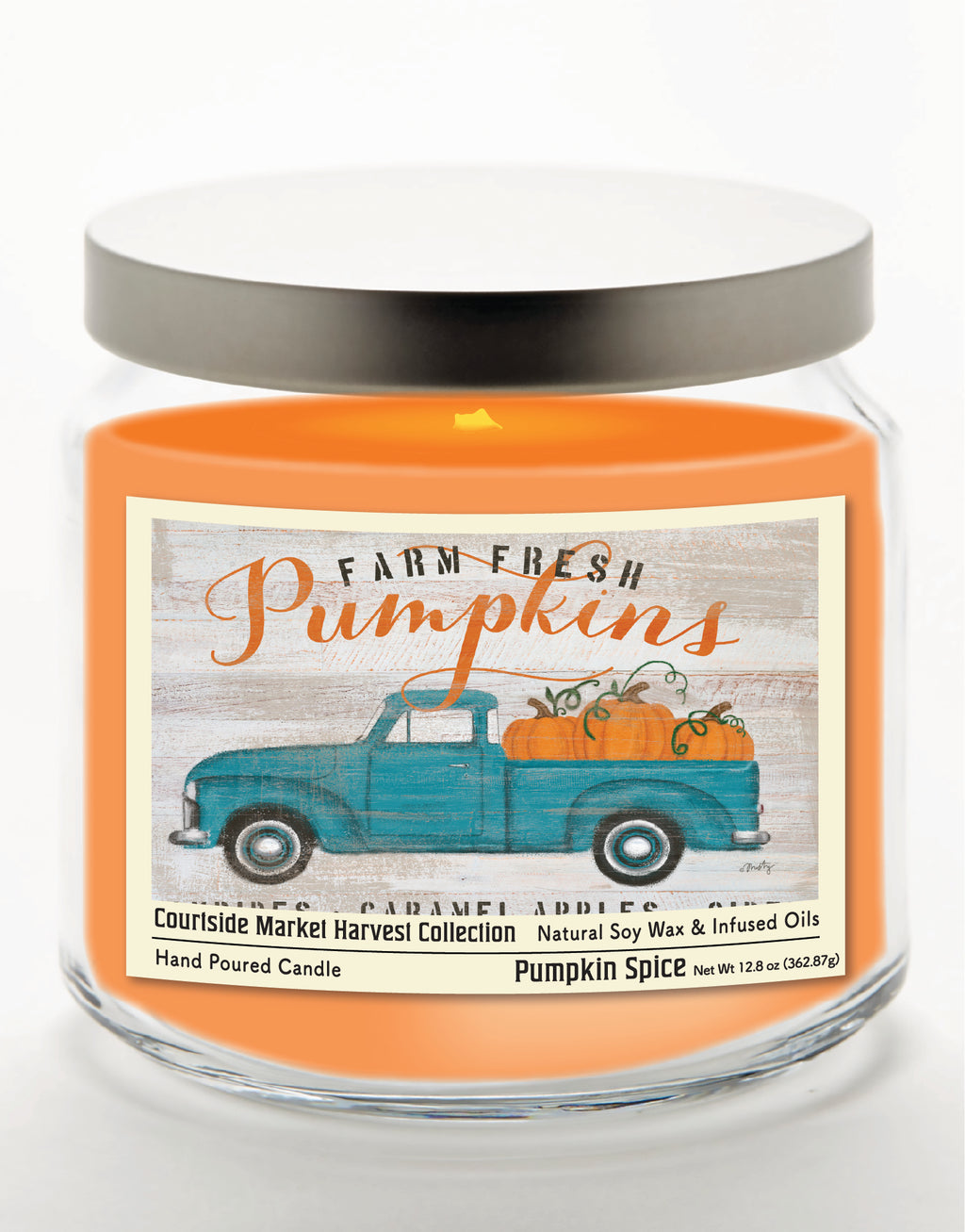 Farm fresh pumpkins 14 oz Candle Glass Jar with Brushed Silver Metal Lid