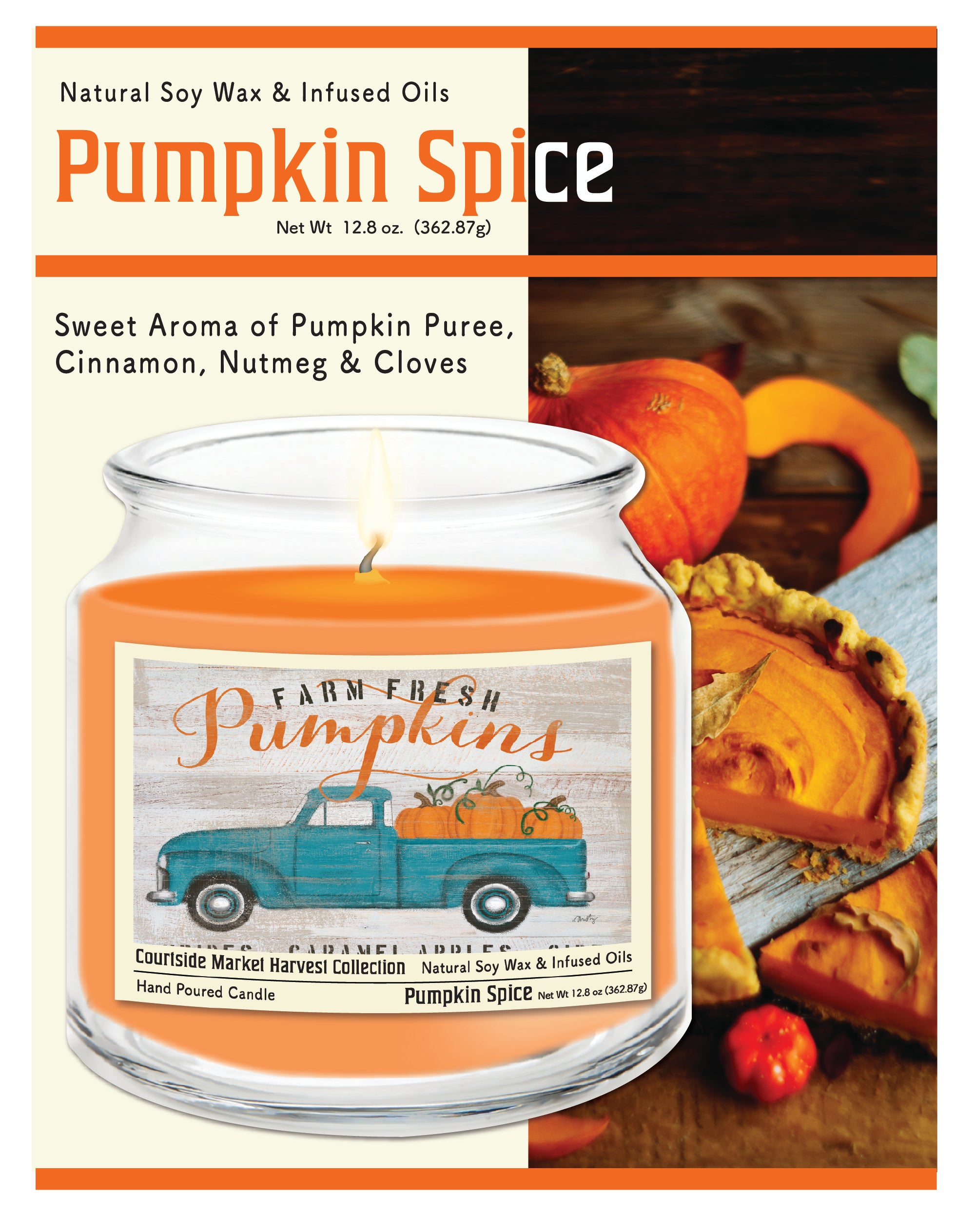 Farm fresh pumpkins 14 oz Candle Glass Jar with Brushed Silver Metal Lid