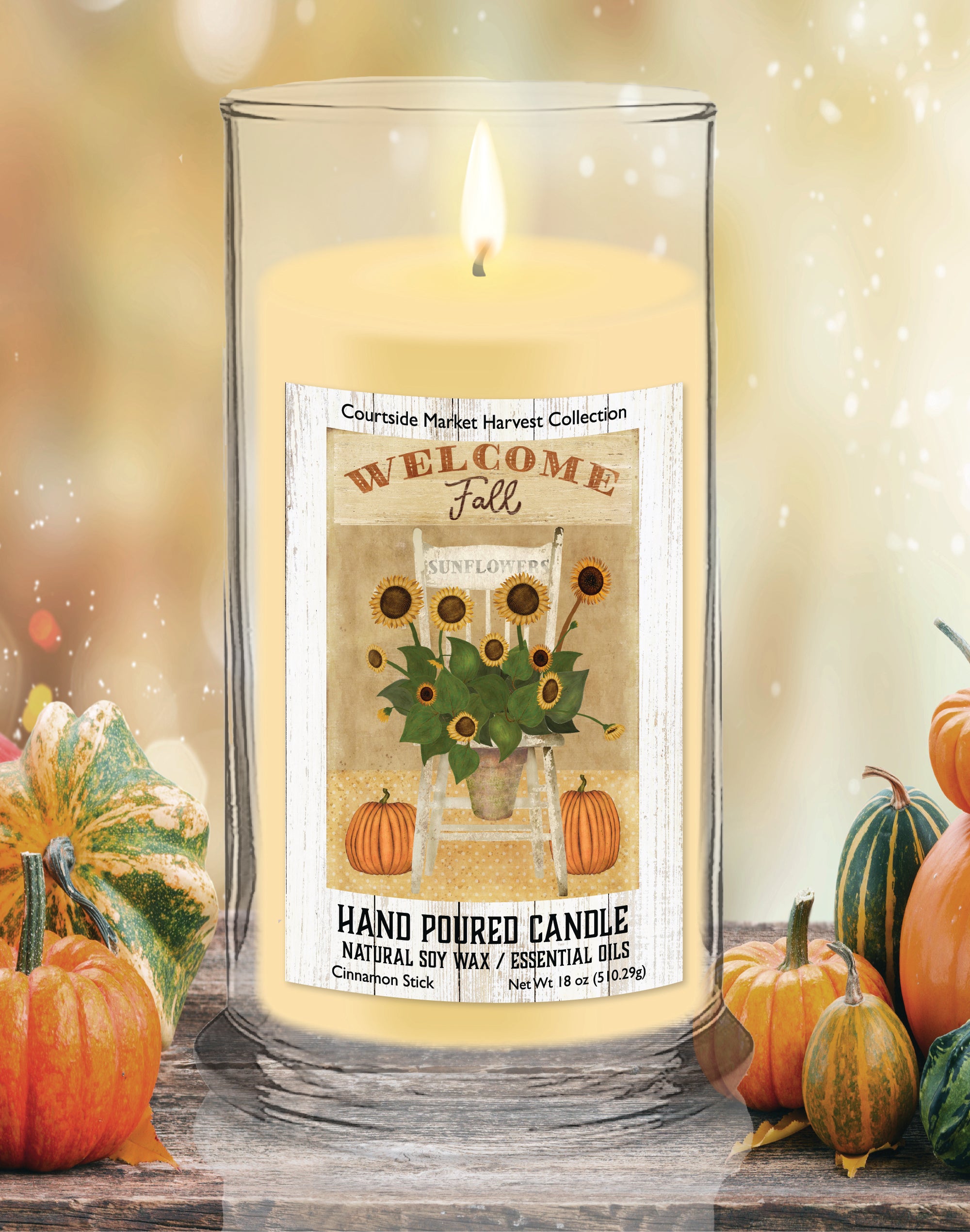 Fall Sunflower Chair - Cinnamon Stick 18 oz Status Candle Glass