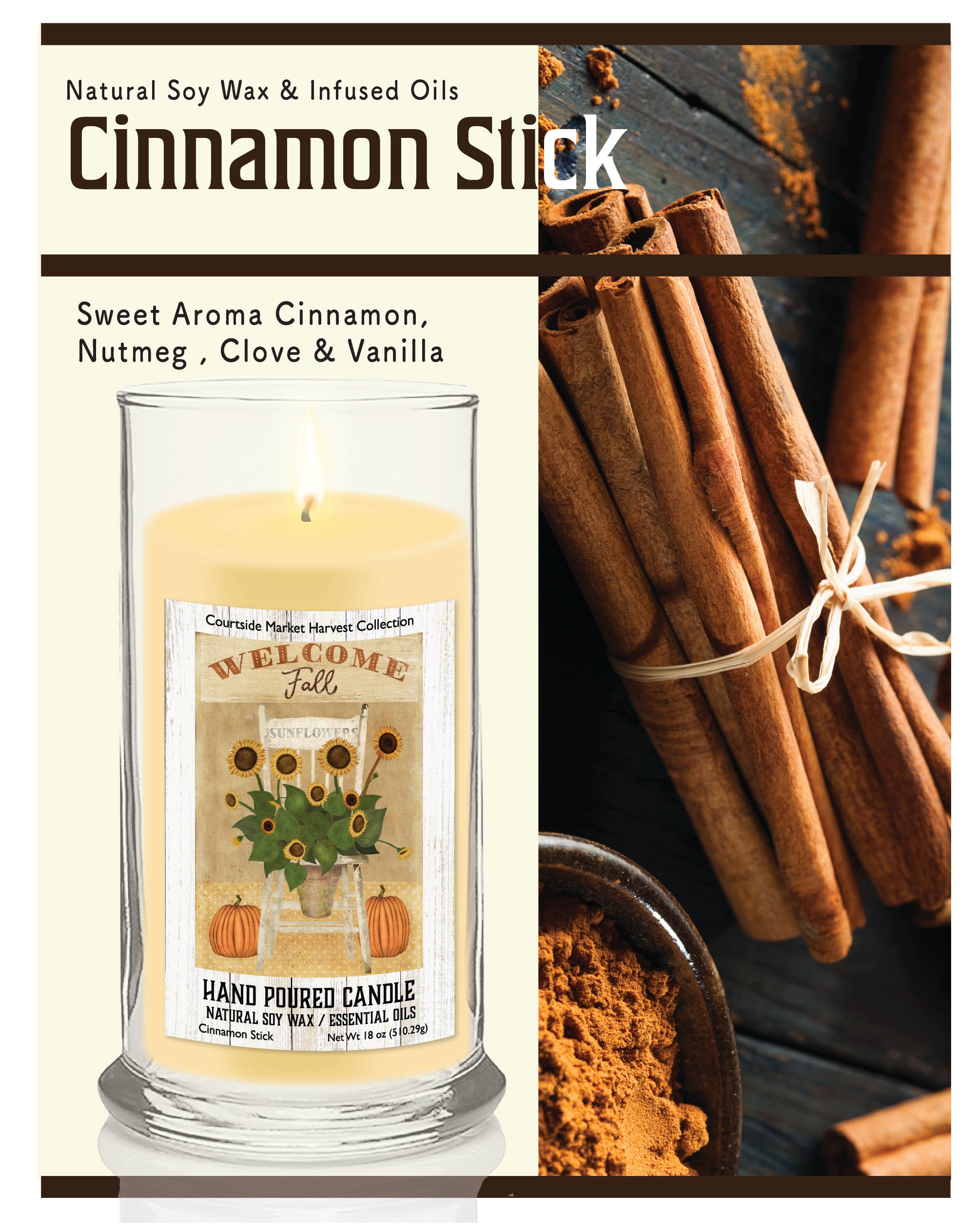 Fall Sunflower Chair - Cinnamon Stick 18 oz Status Candle Glass
