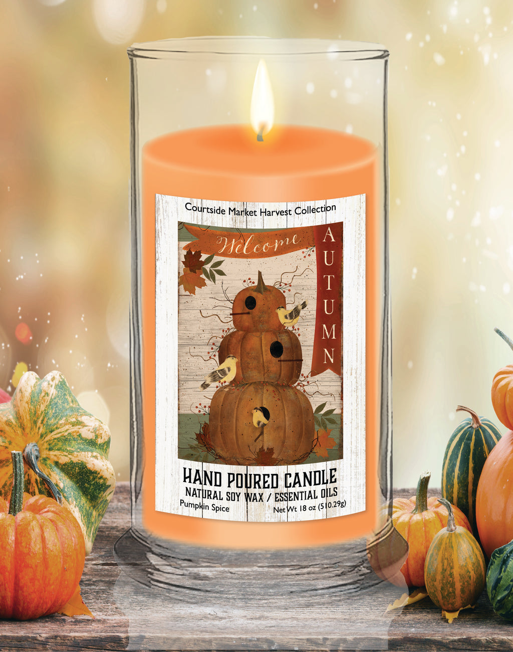 Pumpkin Birdhouse Flag 18 oz Status Candle Glass