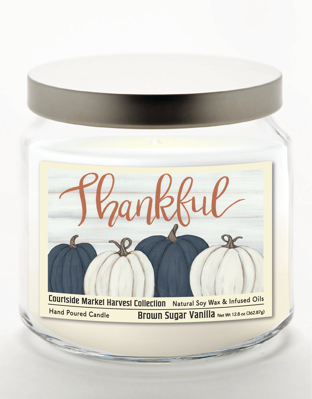 Pumpkin Thankful - Brown Sugar Vanilla 12.8oz Candle Glass Jar with Brushed Silver Metal Lid