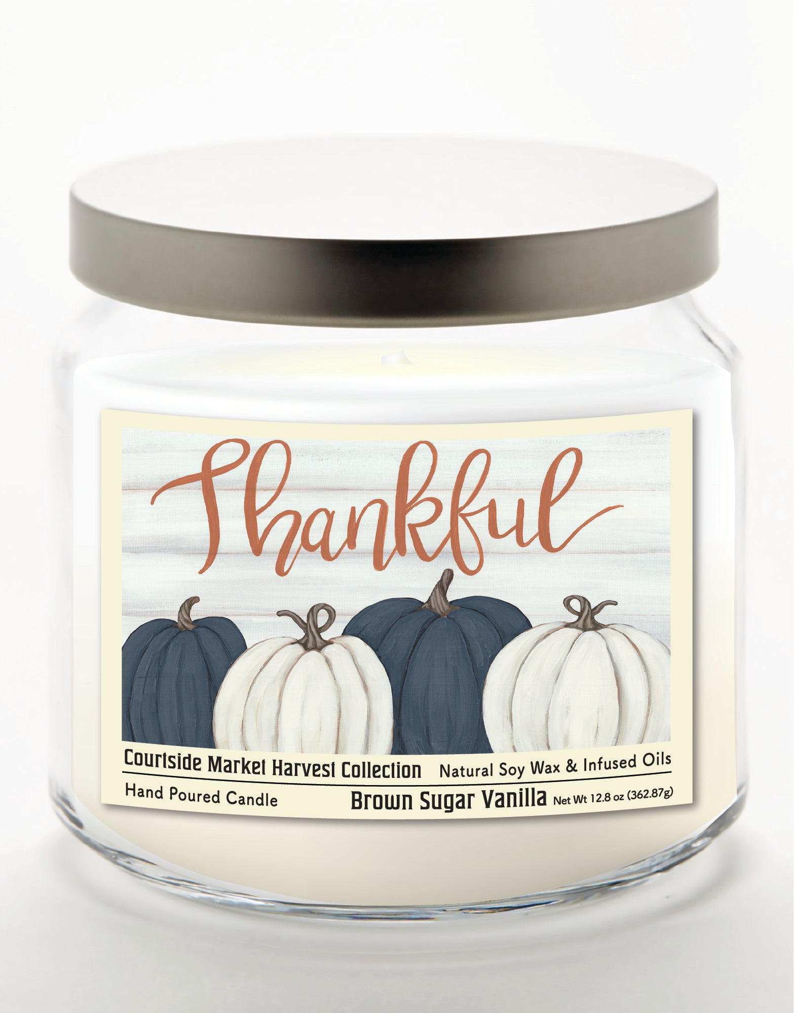Pumpkin Thankful - Brown Sugar Vanilla 12.8oz Candle Glass Jar with Brushed Silver Metal Lid