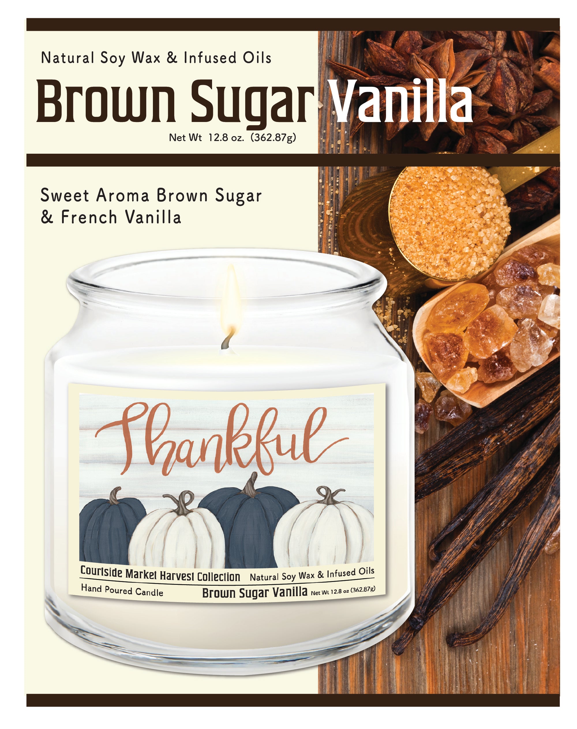 Pumpkin Thankful - Brown Sugar Vanilla 12.8oz Candle Glass Jar with Brushed Silver Metal Lid