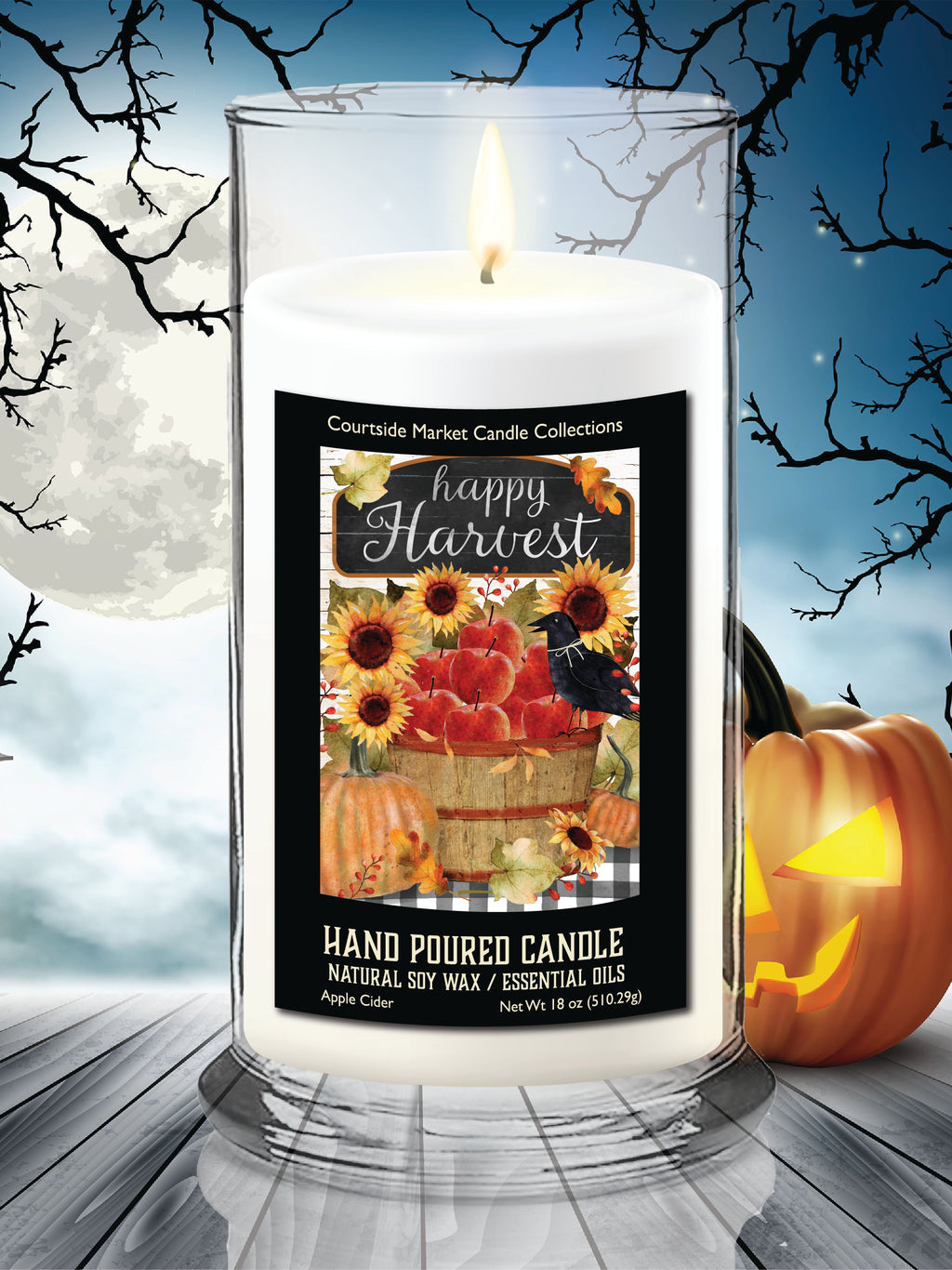 Happy Harvest Sunflowers & Apples - Apple Cider 18oz Soy Wax Candle in Glass Jar