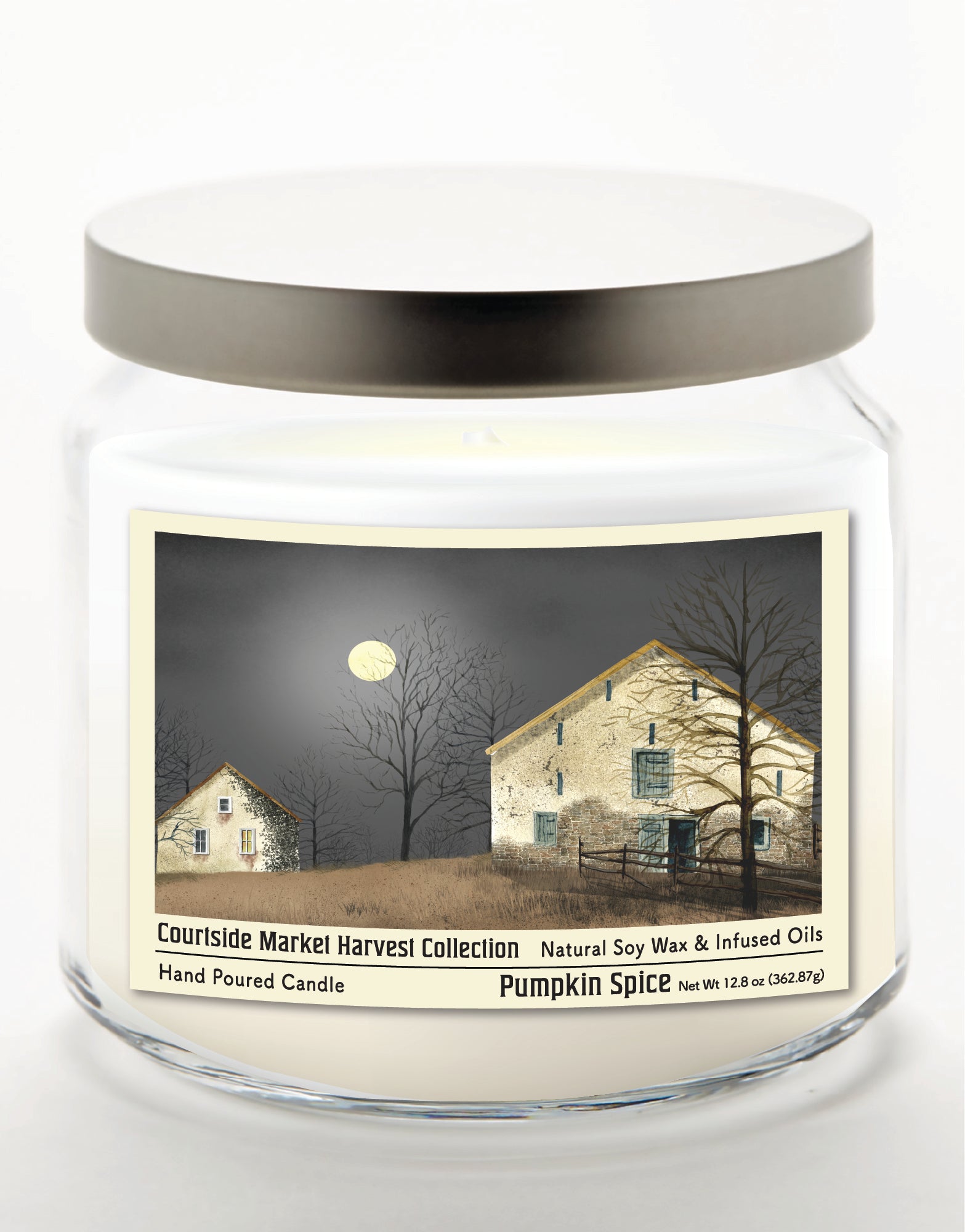 Harvest Collection Farmhouse Full moon 14 oz Candle Glass Jar with Brushed Silver Metal Lid