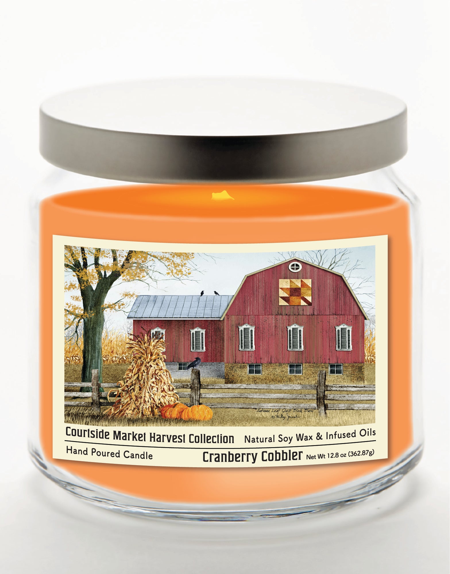 Harvest Collection Red Barn - Cranberry Cobbler 12.8oz Candle Glass Jar with Brushed Silver Metal Lid