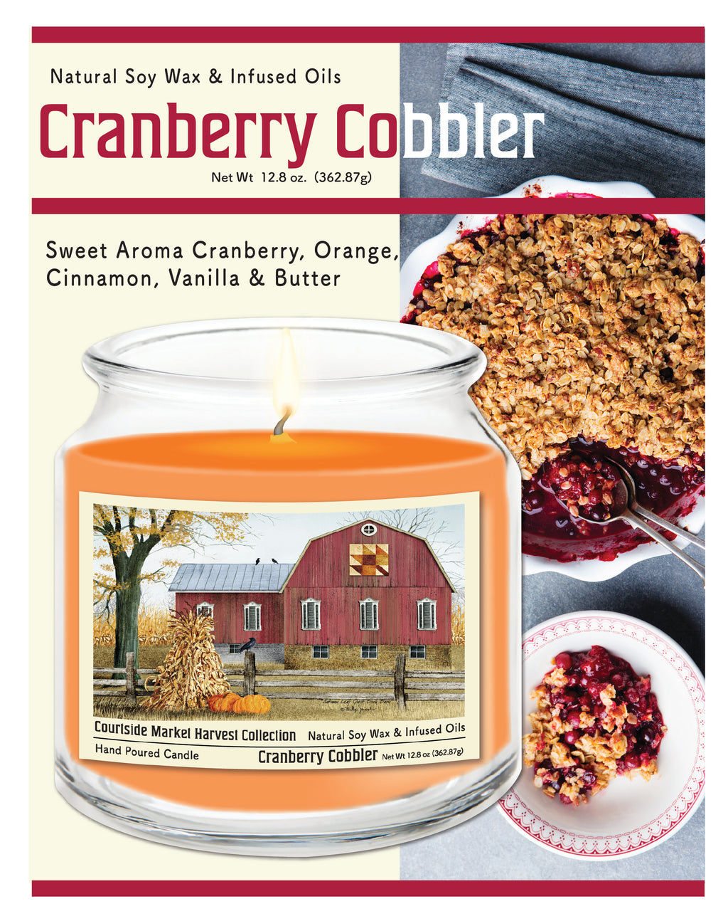 Harvest Collection Red Barn - Cranberry Cobbler 12.8oz Candle Glass Jar with Brushed Silver Metal Lid