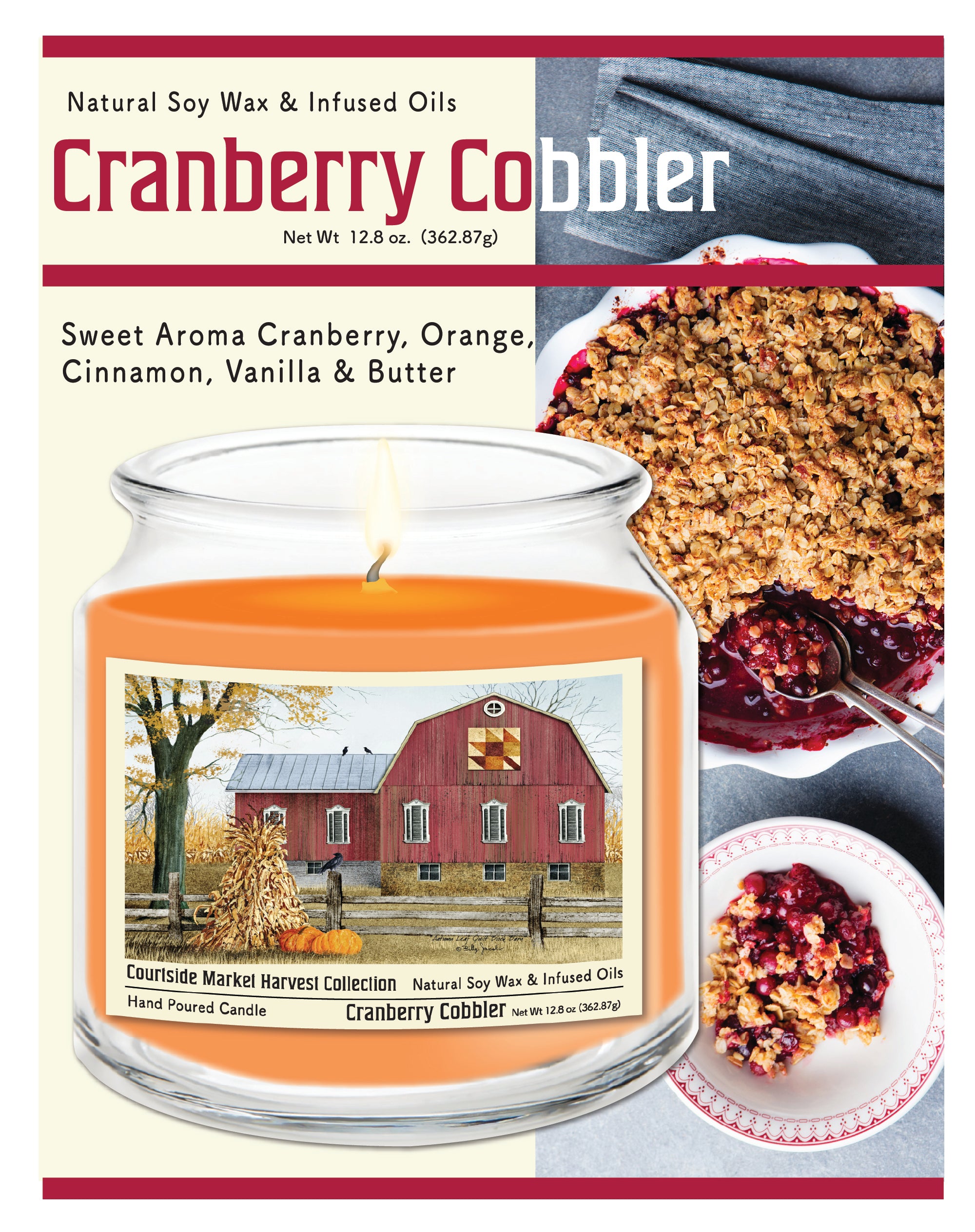 Harvest Collection Red Barn - Cranberry Cobbler 12.8oz Candle Glass Jar with Brushed Silver Metal Lid