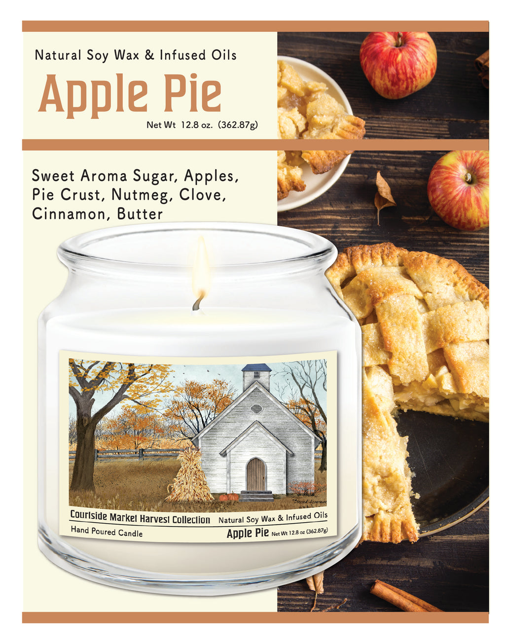 Harvest Collection Chapel - Apple Pie 12.8oz Candle Glass Jar with Brushed Silver Metal Lid