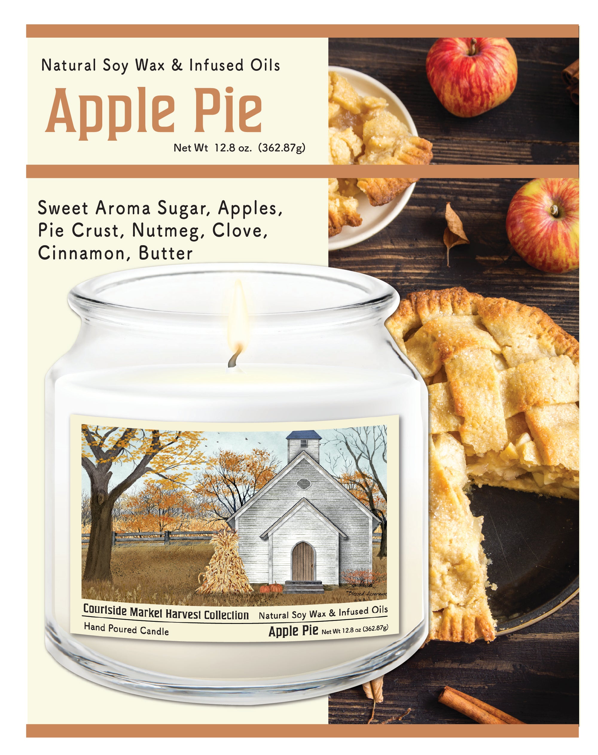 Harvest Collection Chapel - Apple Pie 12.8oz Candle Glass Jar with Brushed Silver Metal Lid