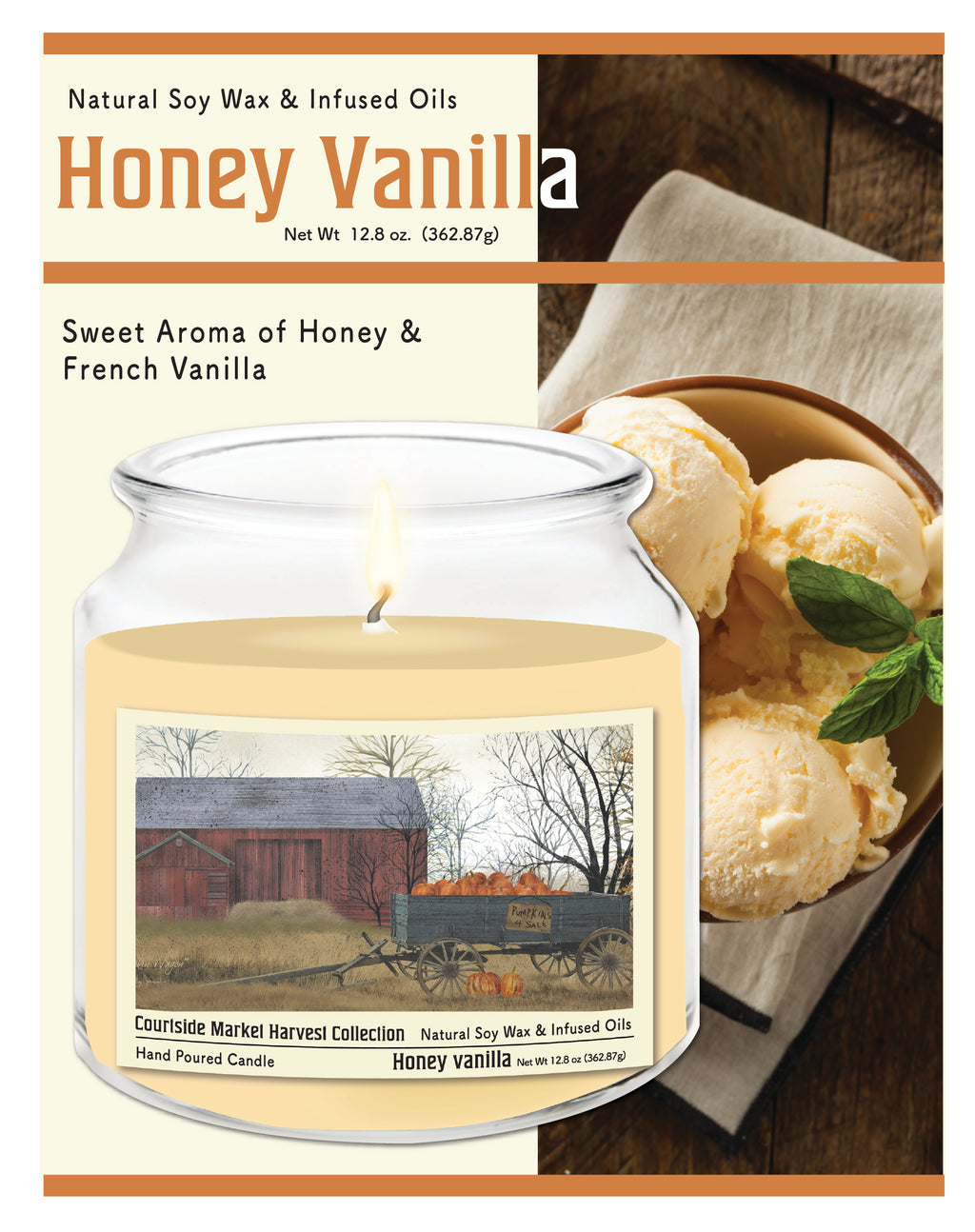 Harvest Collection Barn - Honey Vanilla 12.8oz Candle Glass Jar with Brushed Silver Metal Lid