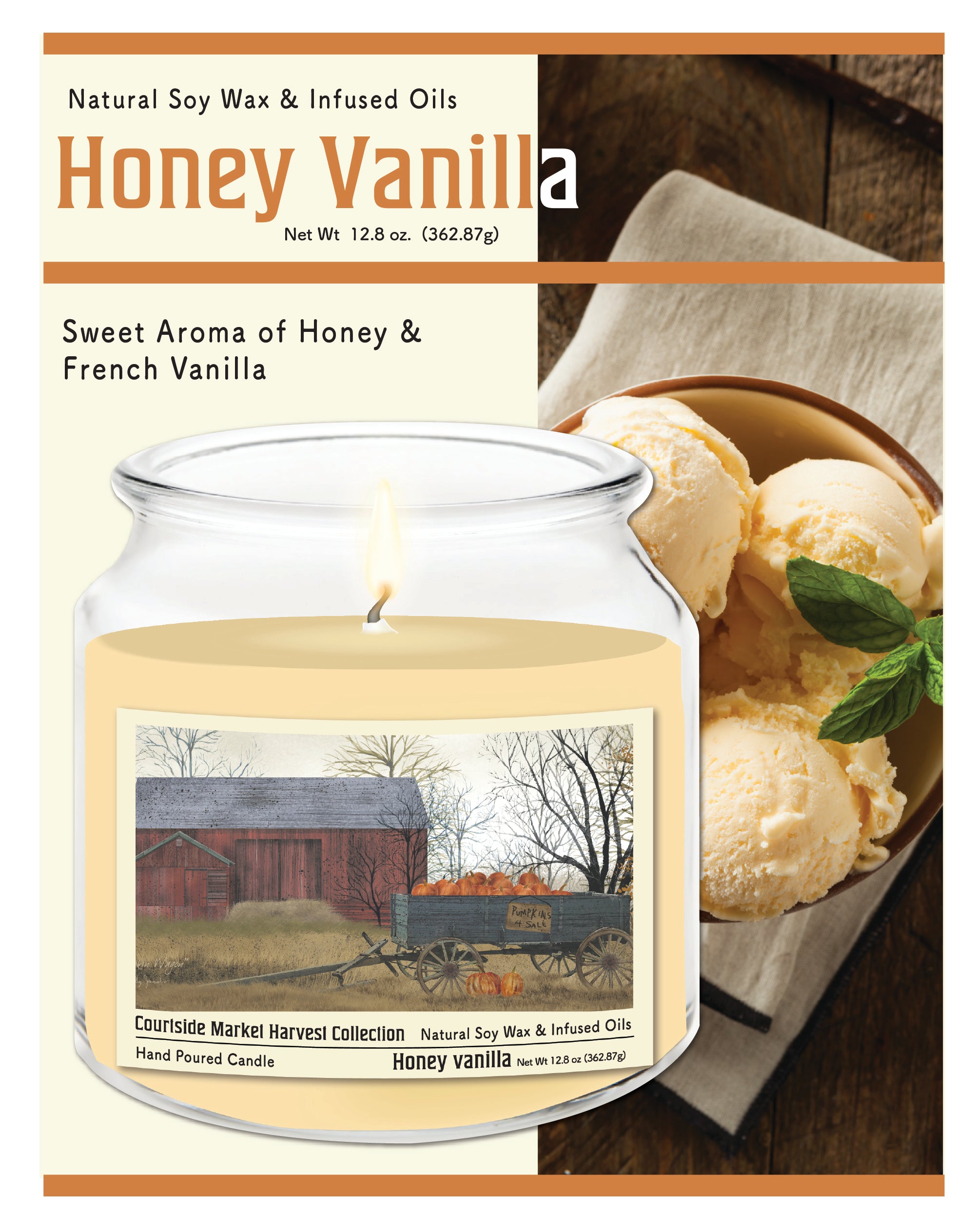 Harvest Collection Barn - Honey Vanilla 12.8oz Candle Glass Jar with Brushed Silver Metal Lid