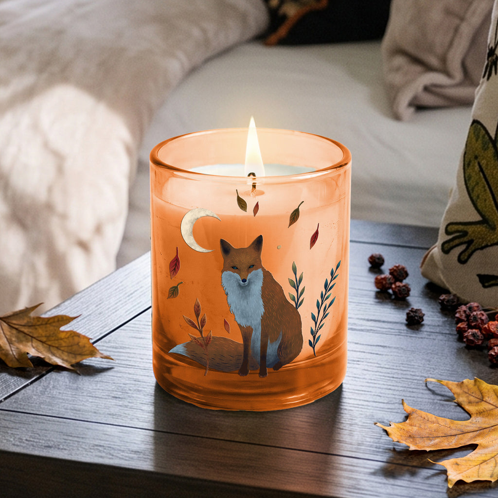 Crescent Moon Autumn Fox  - Apple + Cinnamon 12oz Soy Wax Candle & Decorative Glass