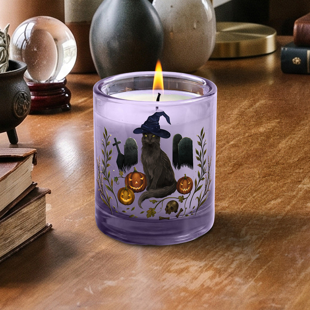 Witchy Kitty - Plum + Patchouli 12oz Soy Wax Candle & Decorative Glass