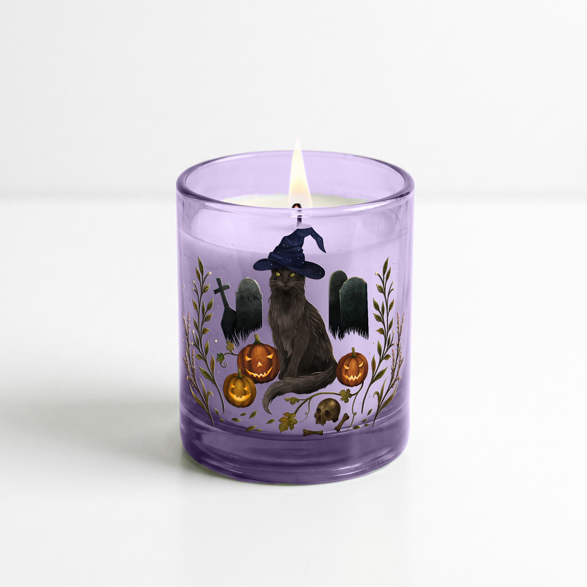 Witchy Kitty - Plum + Patchouli 12oz Soy Wax Candle & Decorative Glass