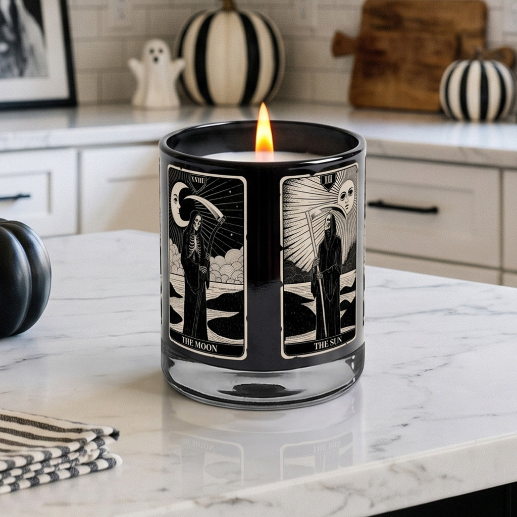 Sun and Moon Tarots - Blackberry + Cedarwood 12oz Soy Wax Candle & Decorative Glass