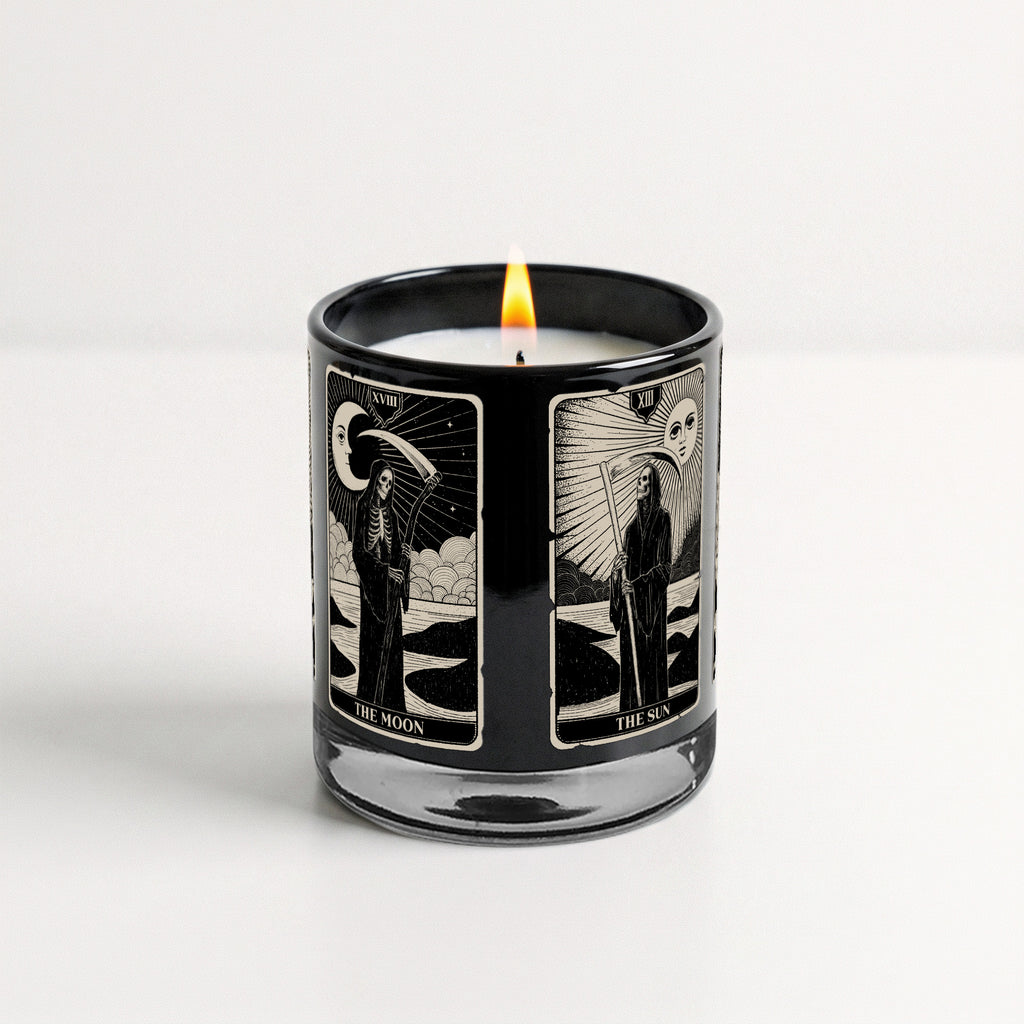 Sun and Moon Tarots - Blackberry + Cedarwood 12oz Soy Wax Candle & Decorative Glass