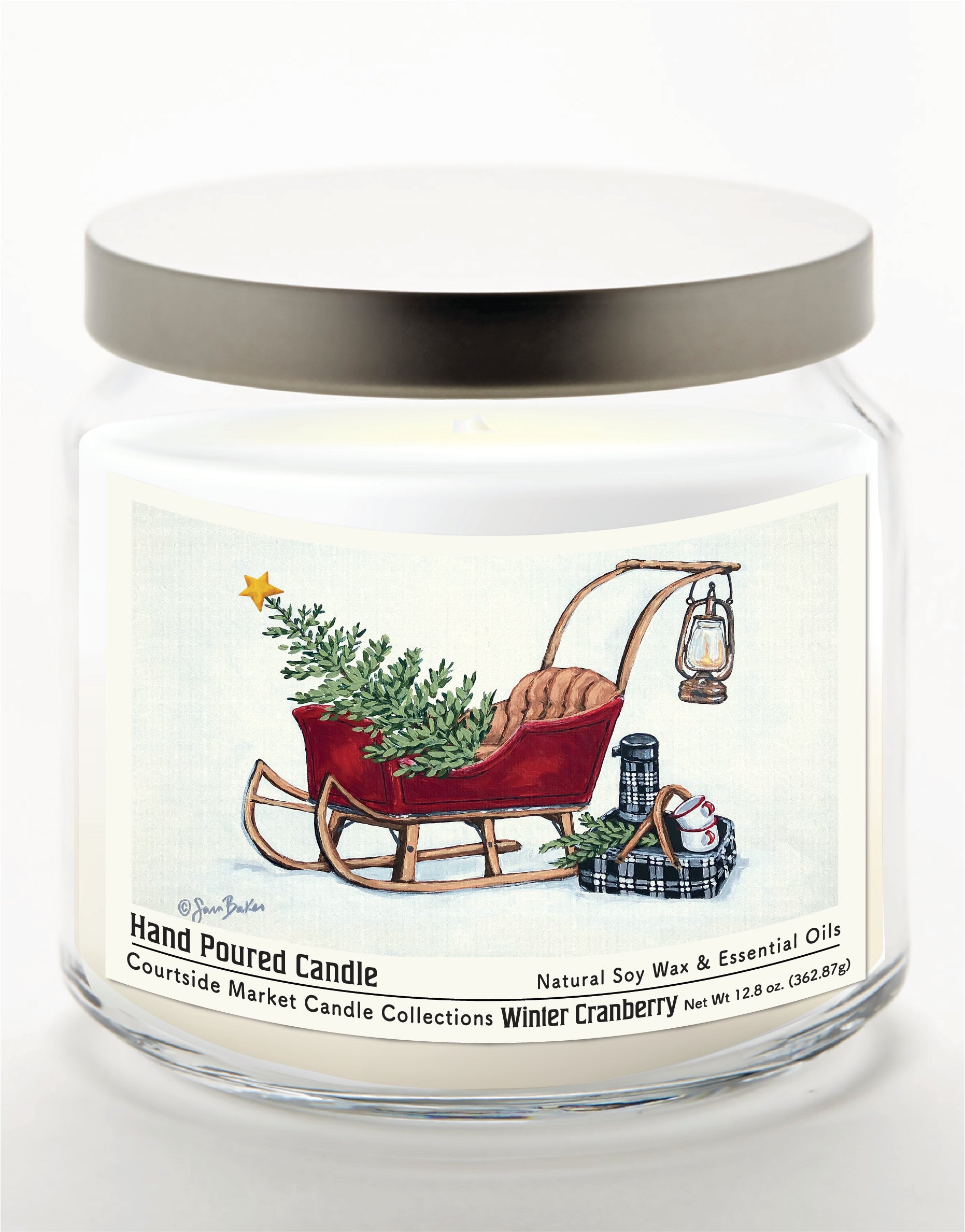 Santa's Sleigh - Winter Cranberry 14 oz Candle Glass Jar with Brushed Silver Metal Lid