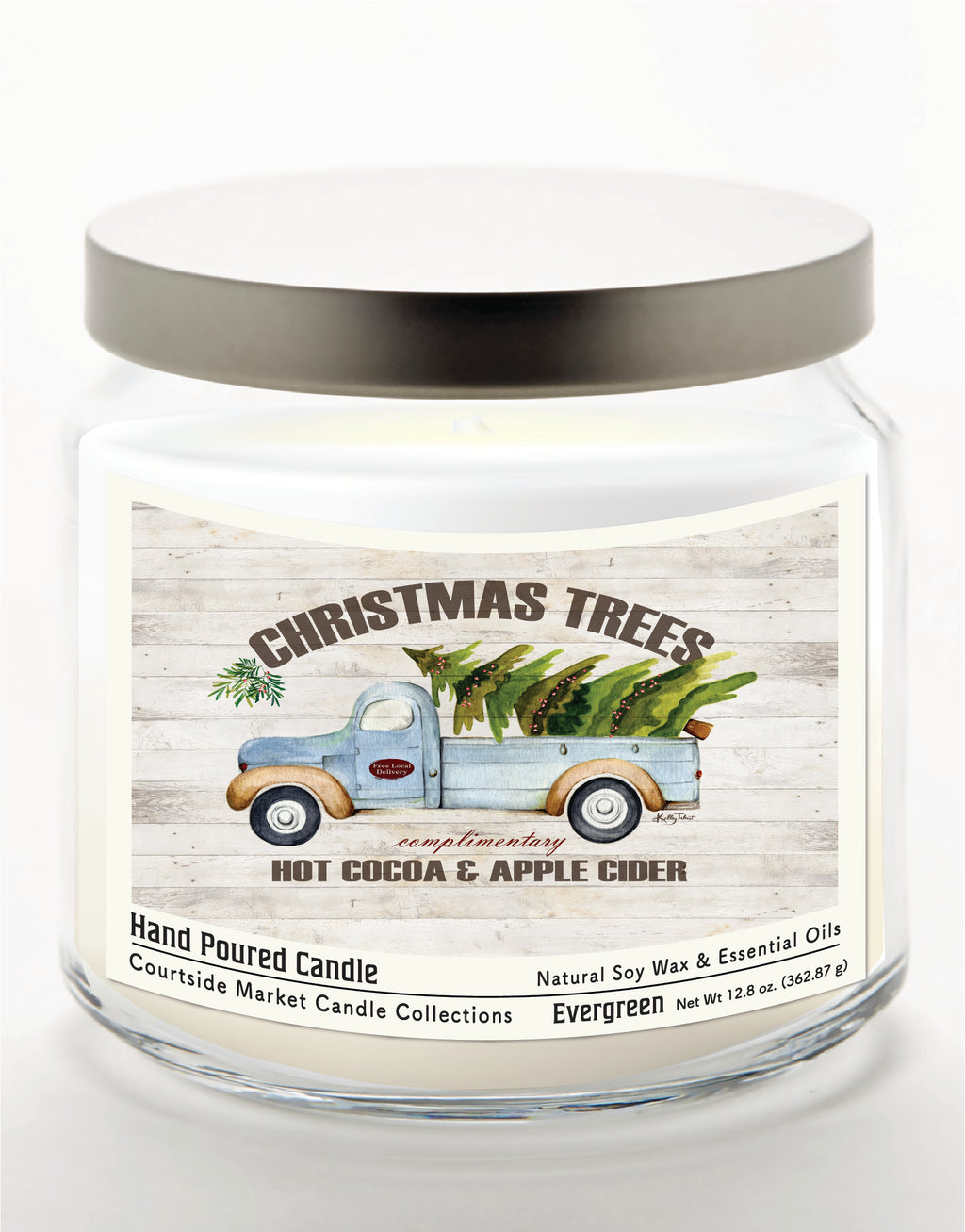 Christmas Trees All Day - Evergreen 14 oz Candle Glass Jar with Brushed Silver Metal Lid