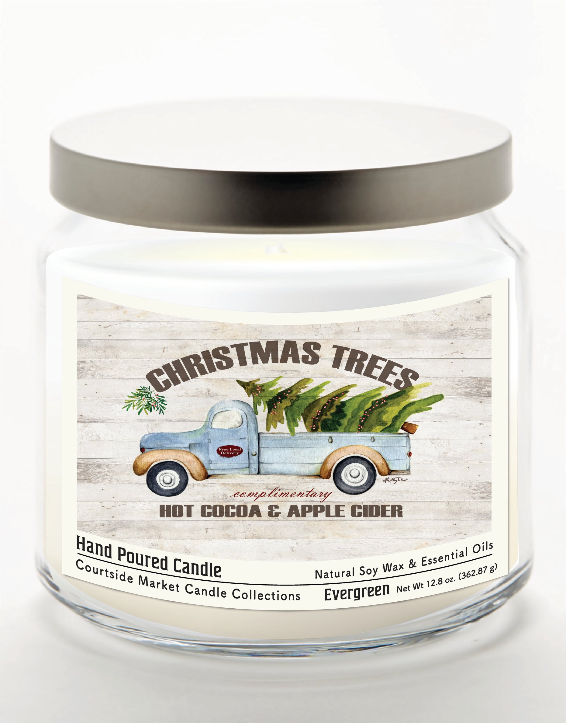Christmas Trees All Day - Evergreen 14 oz Candle Glass Jar with Brushed Silver Metal Lid