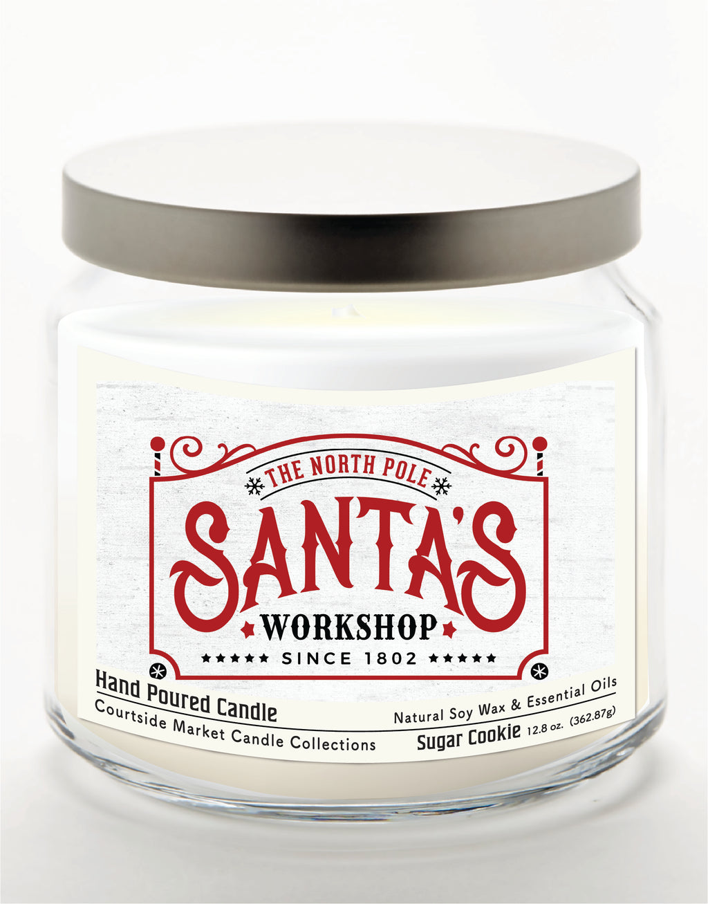 Santas Workshop 14 oz Candle Glass Jar with Brushed Silver Metal Lid