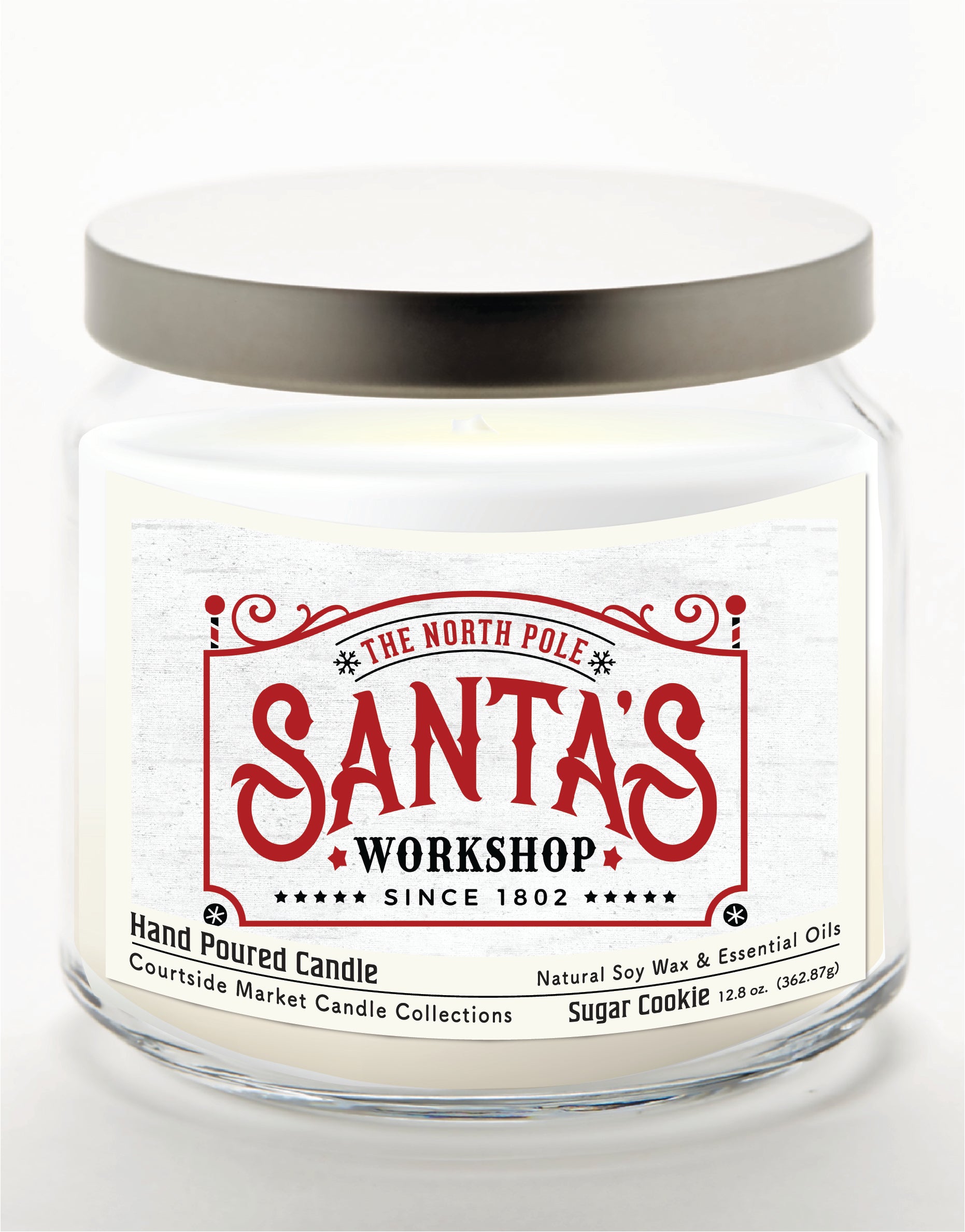 Santas Workshop 14 oz Candle Glass Jar with Brushed Silver Metal Lid