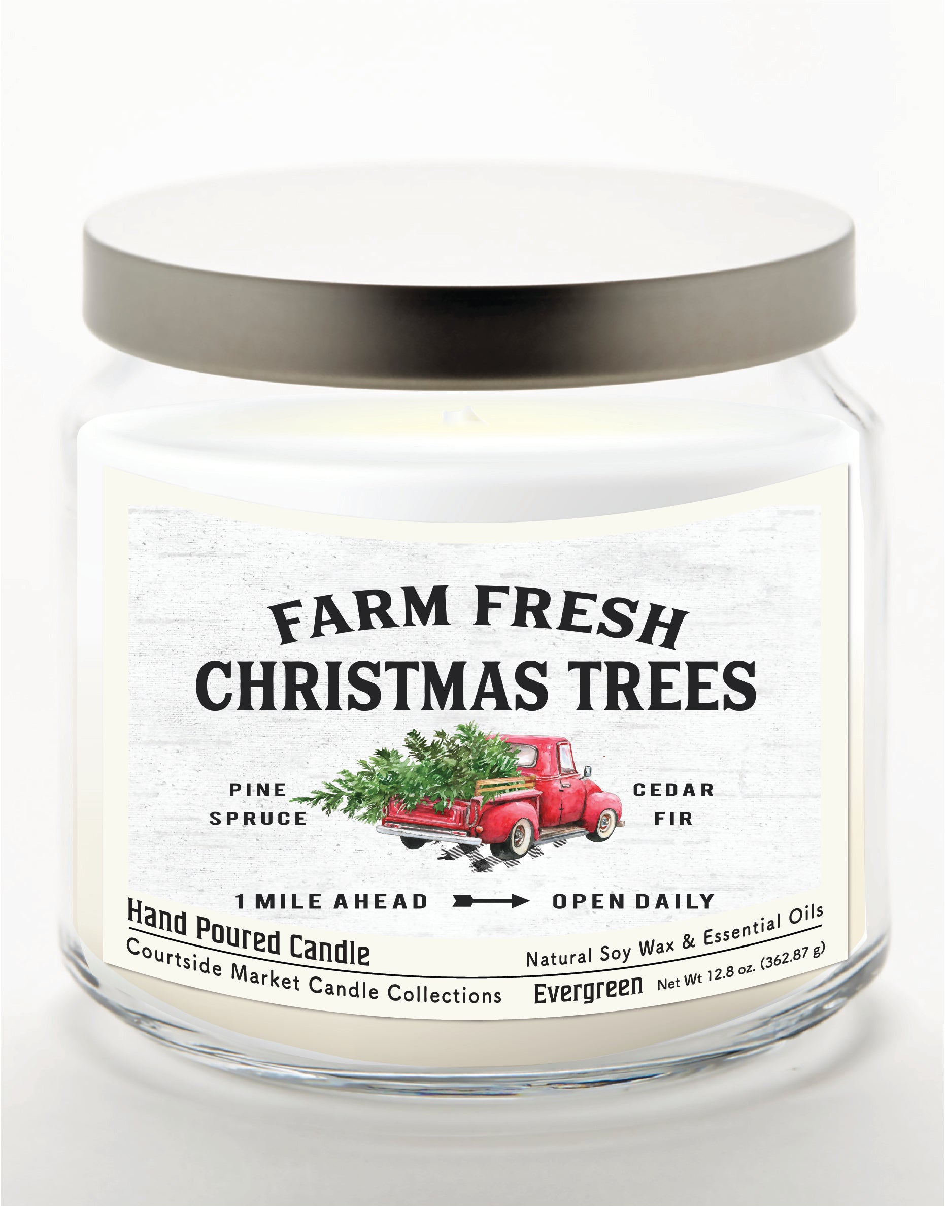 Fresh Farm Trees - Evergreen 14 oz Candle Glass Jar with Brushed Silver Metal Lid