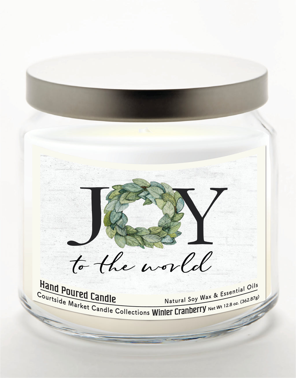 Joy to the World 14 oz Candle Glass Jar with Brushed Silver Metal Lid