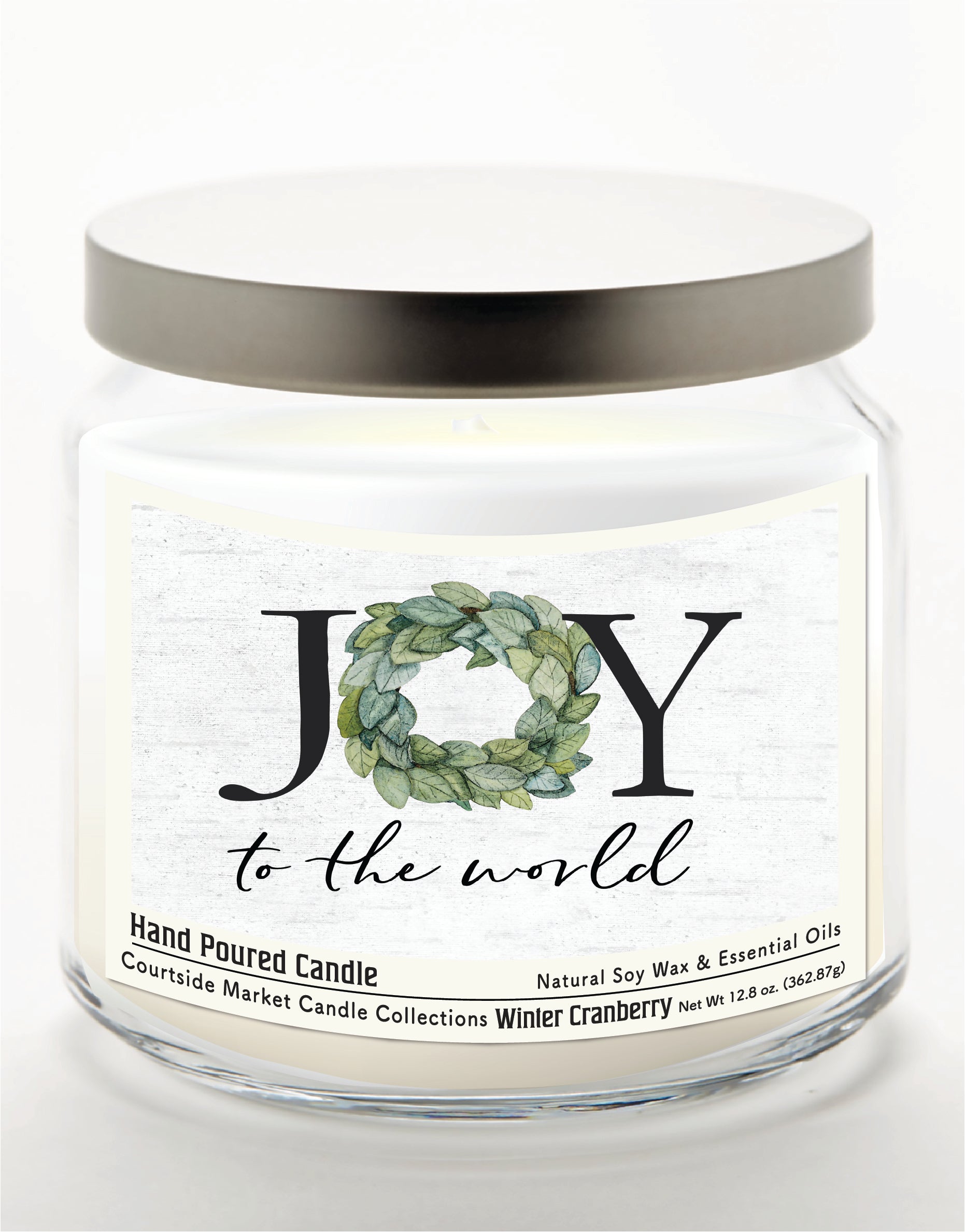 Joy to the World 14 oz Candle Glass Jar with Brushed Silver Metal Lid