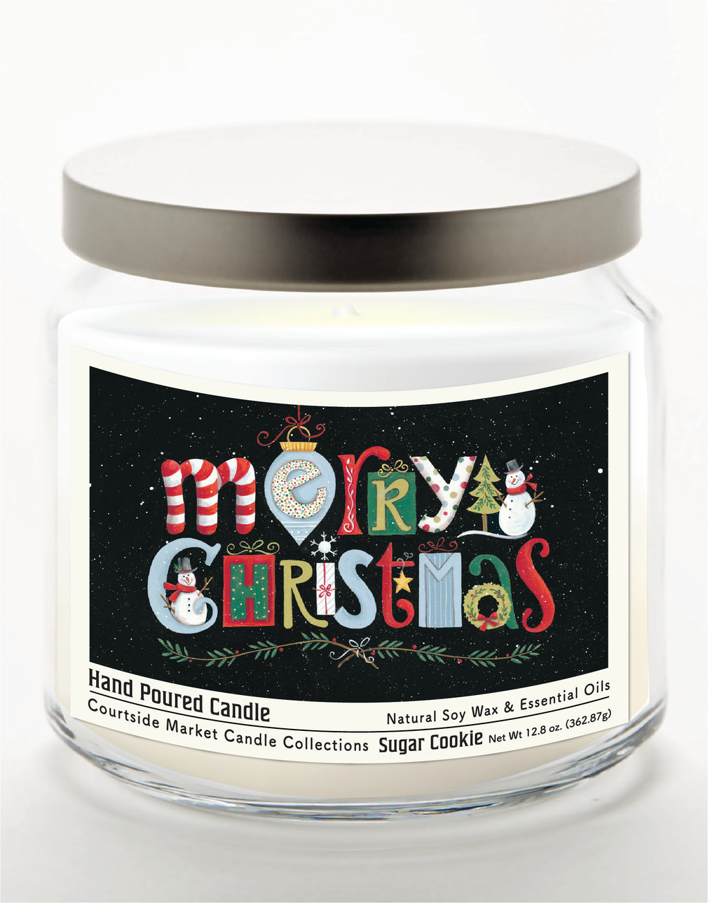 Merry Christmas II 14 oz Candle Glass Jar with Brushed Silver Metal Lid