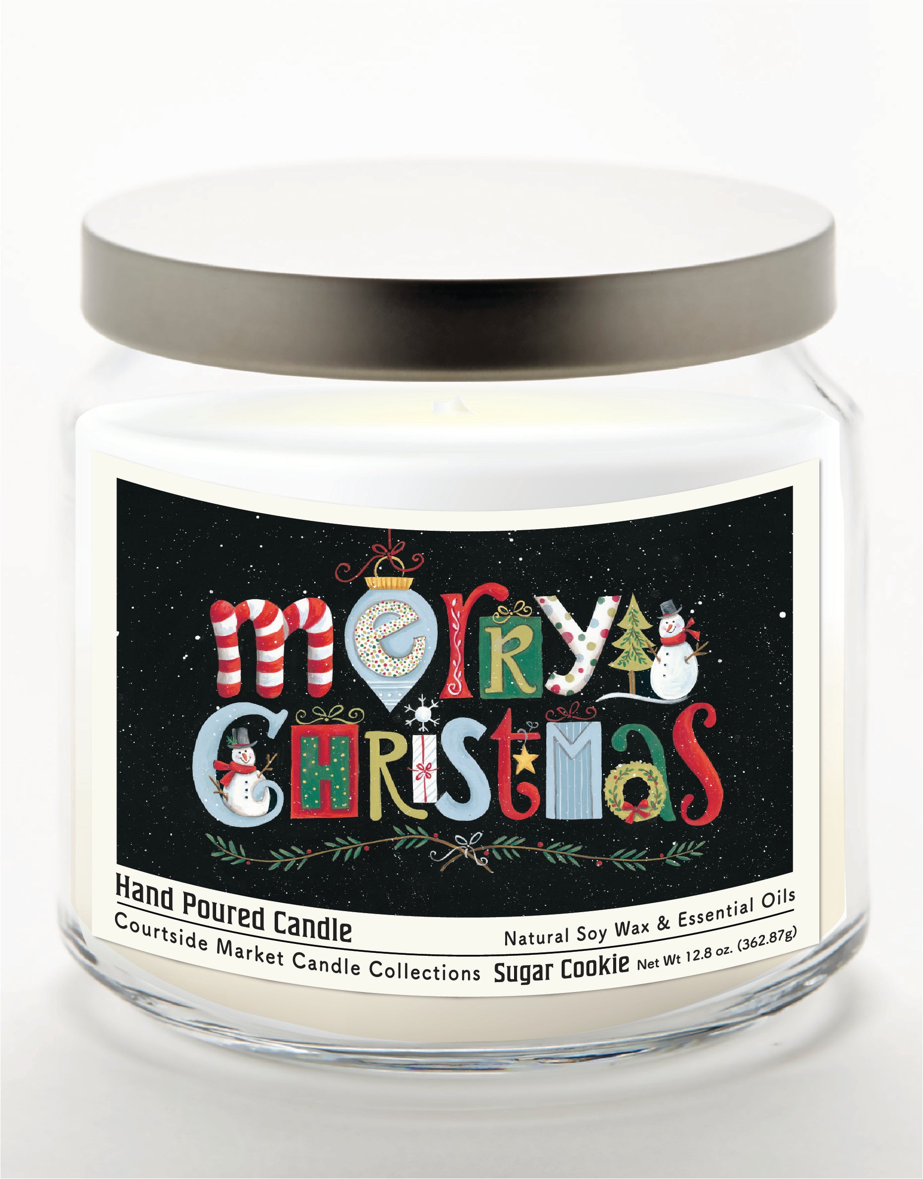 Merry Christmas II 14 oz Candle Glass Jar with Brushed Silver Metal Lid