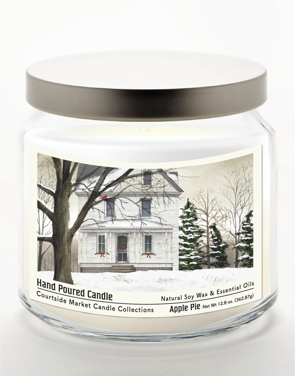 White Christmas - Apple Pie 14 oz Candle Glass Jar with Brushed Silver Metal Lid