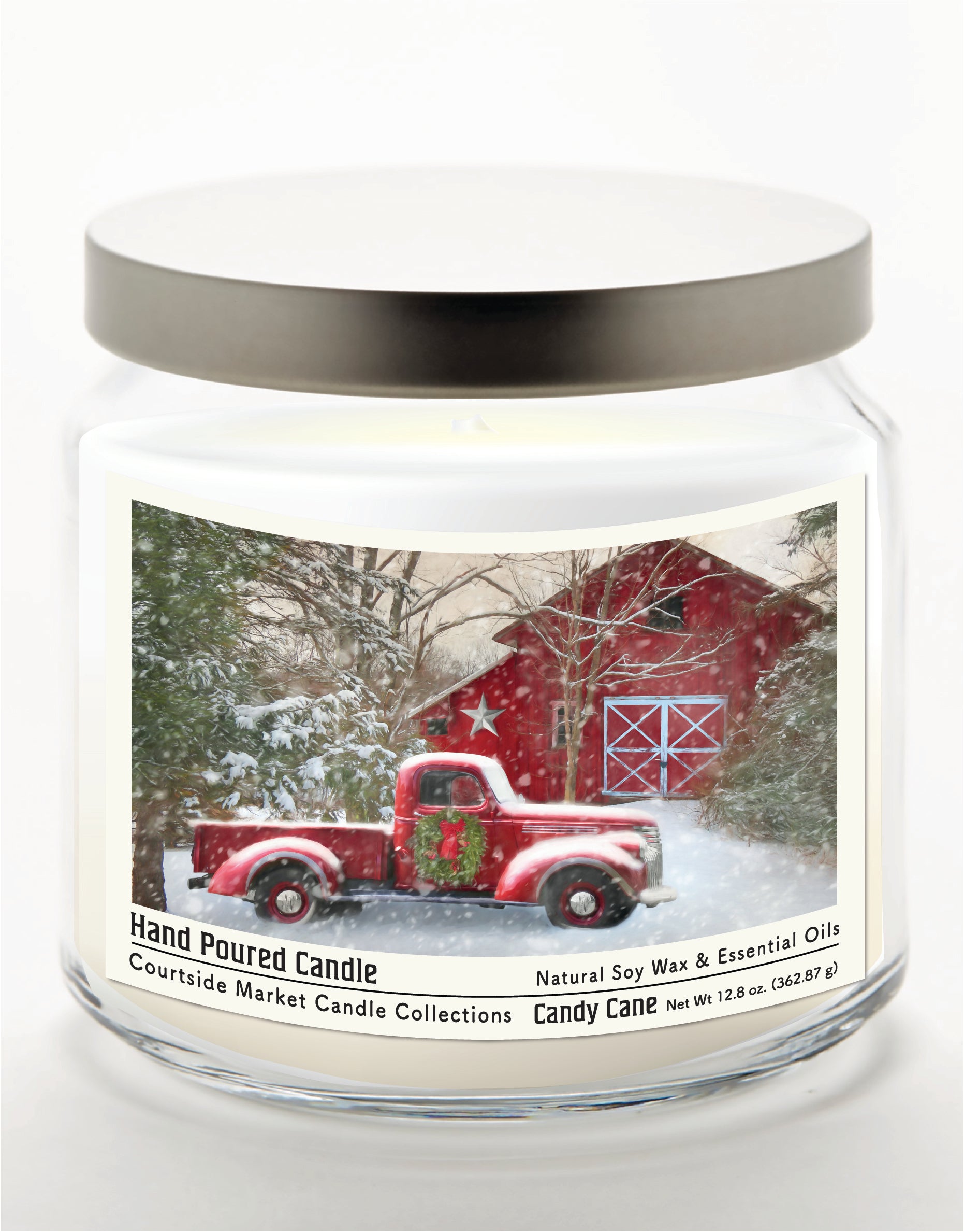 Barn with Truck 14 oz Candle Glass Jar with Brushed Silver Metal Lid