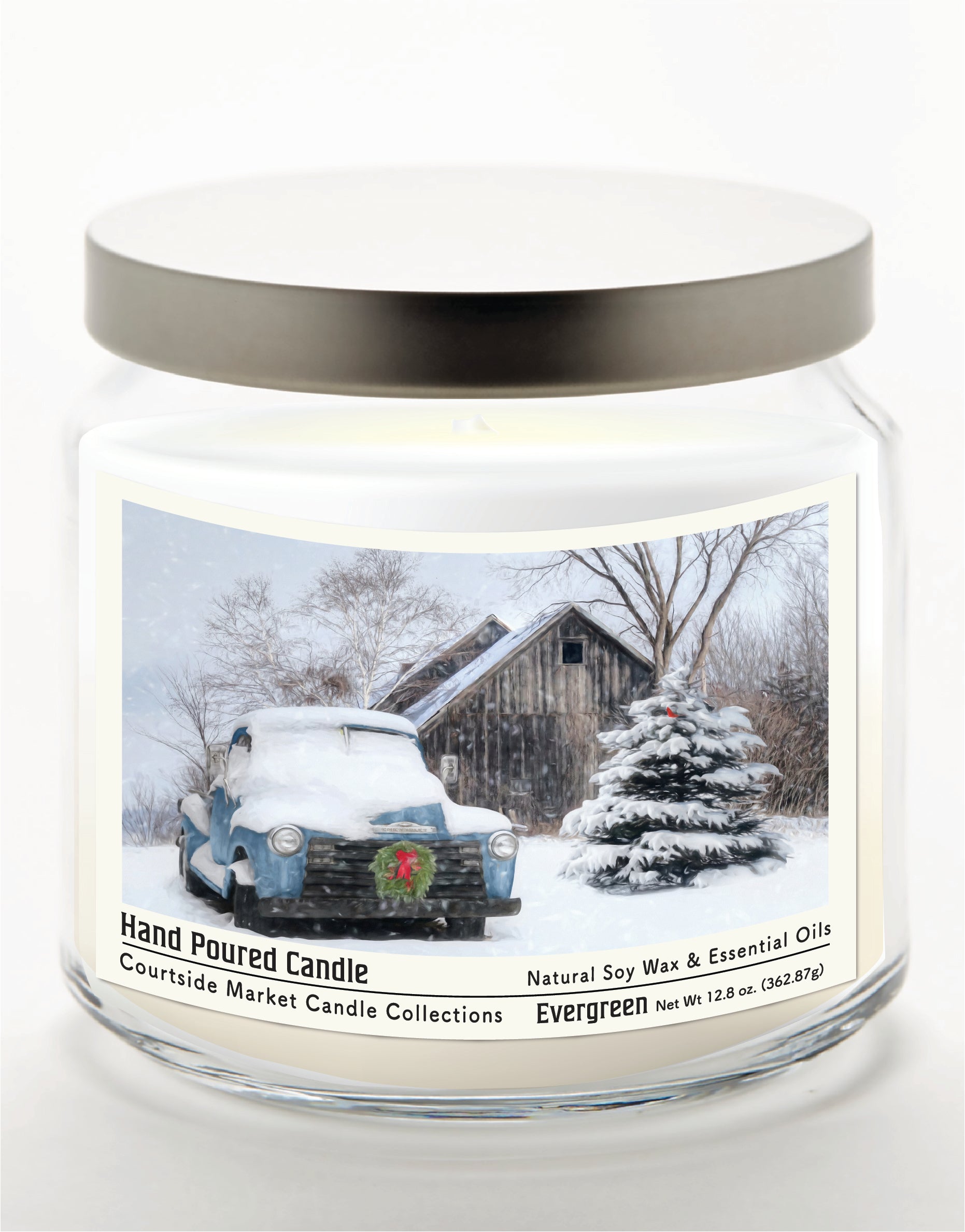 Christmas on the Farm 14 oz Candle Glass Jar with Brushed Silver Metal Lid