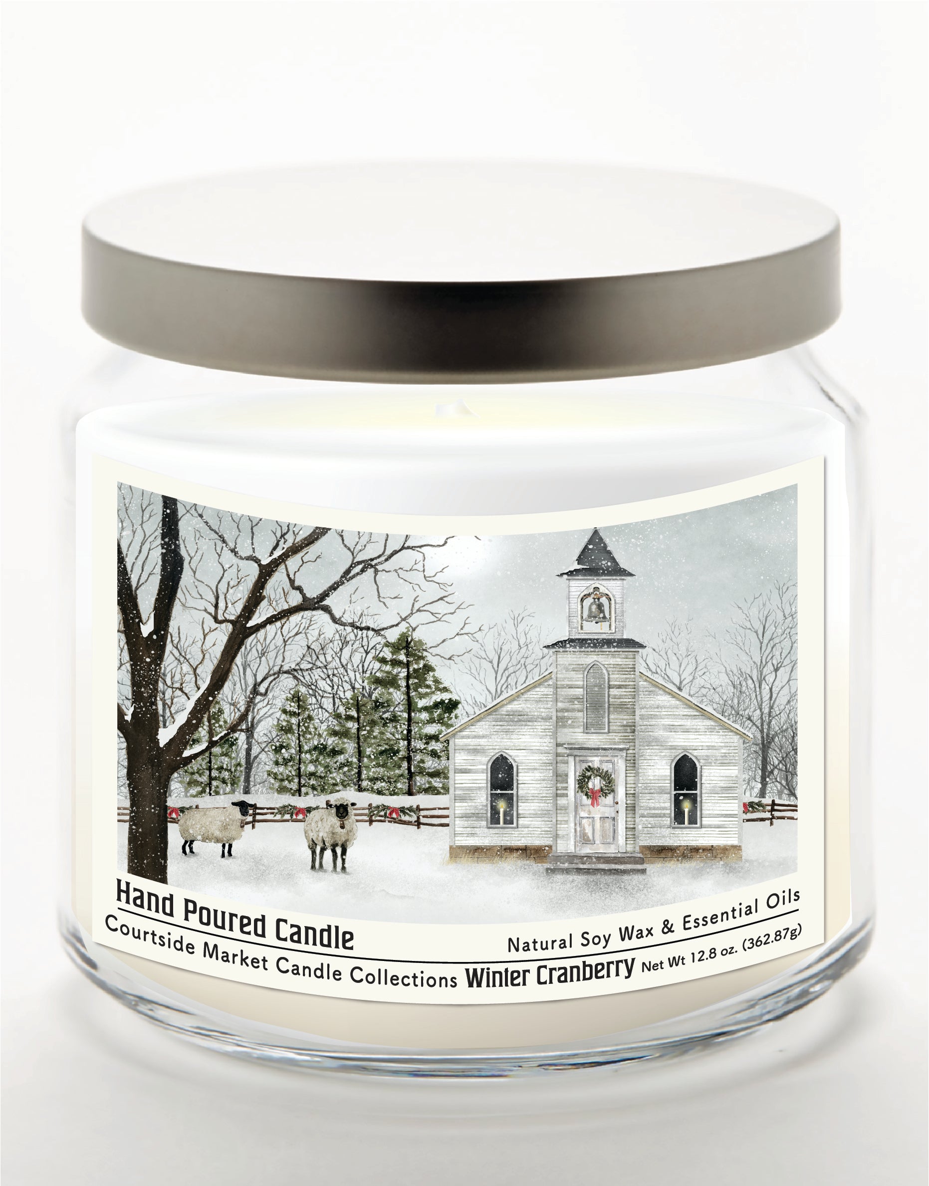Christmas Chapel 14 oz Candle Glass Jar with Brushed Silver Metal Lid
